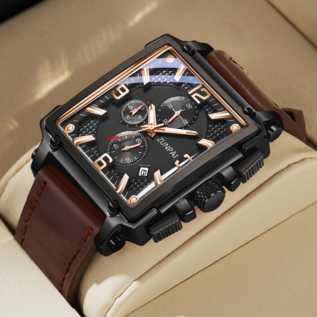 senstone Men's Square Chronograph Quartz Watch Waterproof Luminous Wristwatch with Date Calendar, Leather Strap Stylish Casual Dress Watch for Men - Image 2