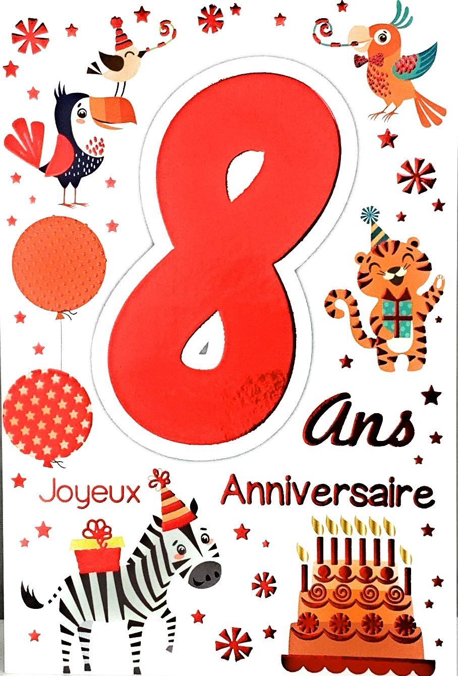 Afie 69-2108 Carte Joyeux Anniversaire 8 Ans Enfant Garçon Fille - Cadeau Ecureuil Renard Oiseaux Papillons