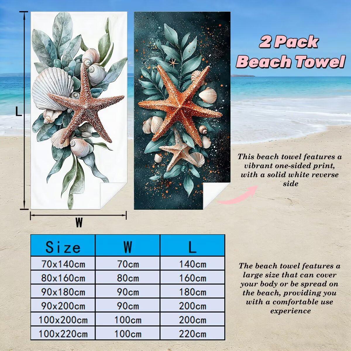 Juego de 2 Toalla Playa Grande 90x200 cm, Secado Rapido Toalla Microfibra Gimnasio, Antiarena Toallas de Playa Estrella de mar, Grande Ligera Compacta Toallas Microfibra Mujer Hombre para Viaje -5014