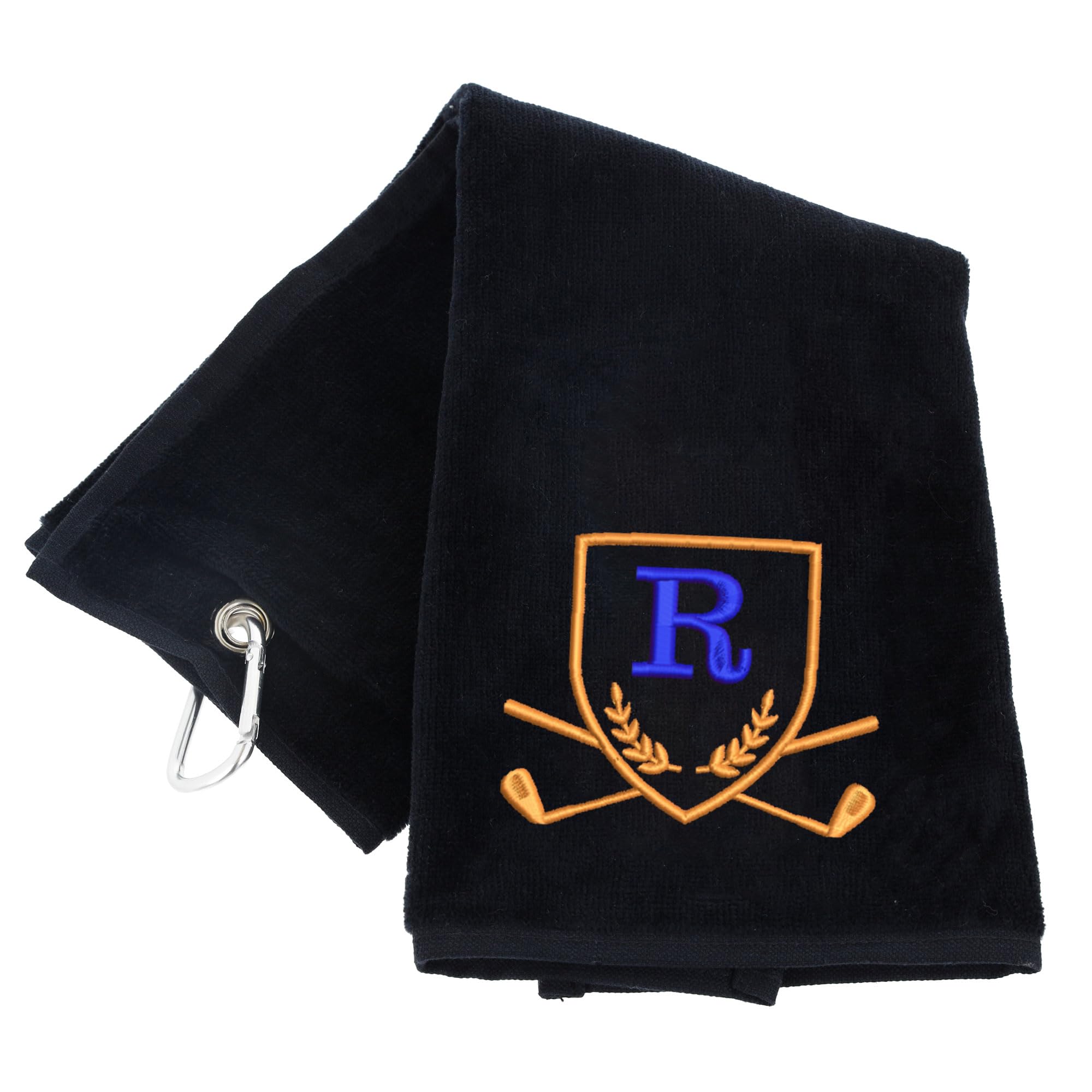 Always Looking Good Golf Towel with Monogrammed Embroidery Initial Letter Luxury Velour 50cm x 40cm Custom Embroidered Golf Towel with Carabiner Clip Gift- Golf Gifts for Men (Black, R)