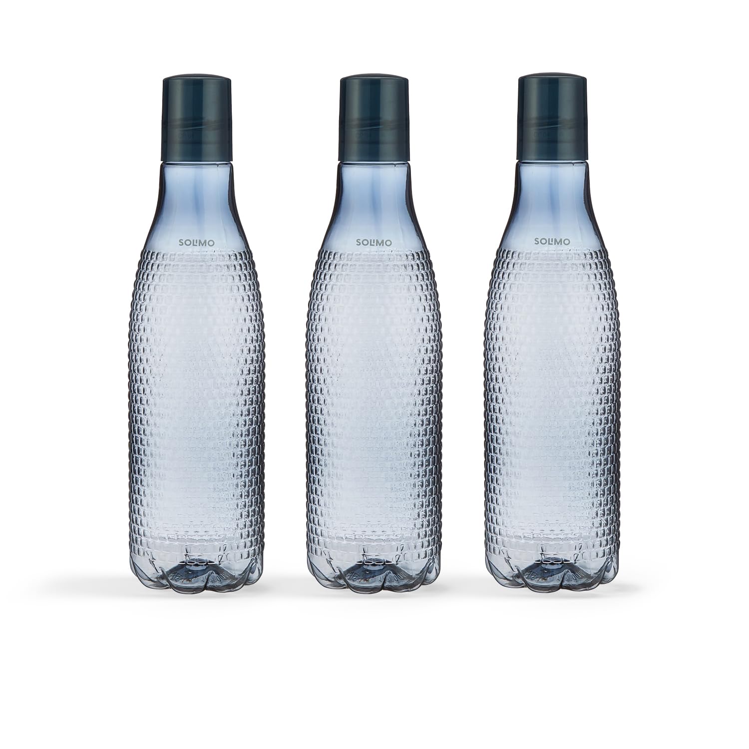 Amazon Brand - Solimo Checkered Plastic Water Bottles | Set of 3 | Spill-Proof | Firm Grip | Smoke, Grey