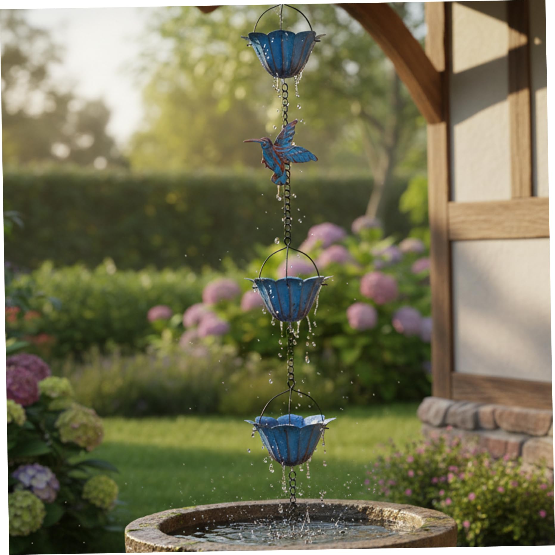 Chaîne de pluie colibri en métal et tasses lotus pour le drainage extérieur du jardin