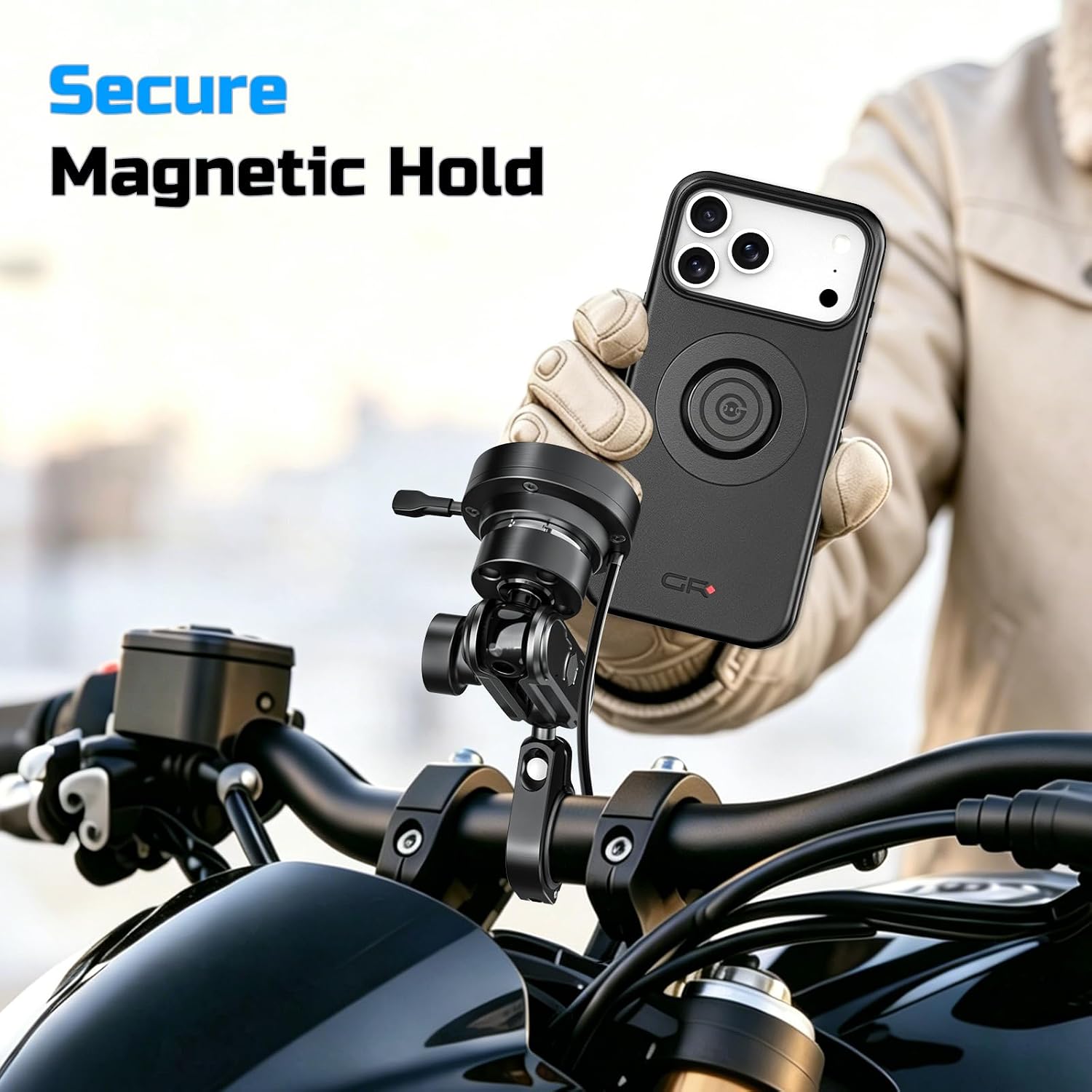 Motorcycle Phone Mount with Vibration Dampener Anti-theft 0.87''-1.26'' Handlebar Phone Mount with Wireless Charging for iPhone 17 Pro Max Aluminum Alloy Handlebar Mount High-Speed Secure Lock