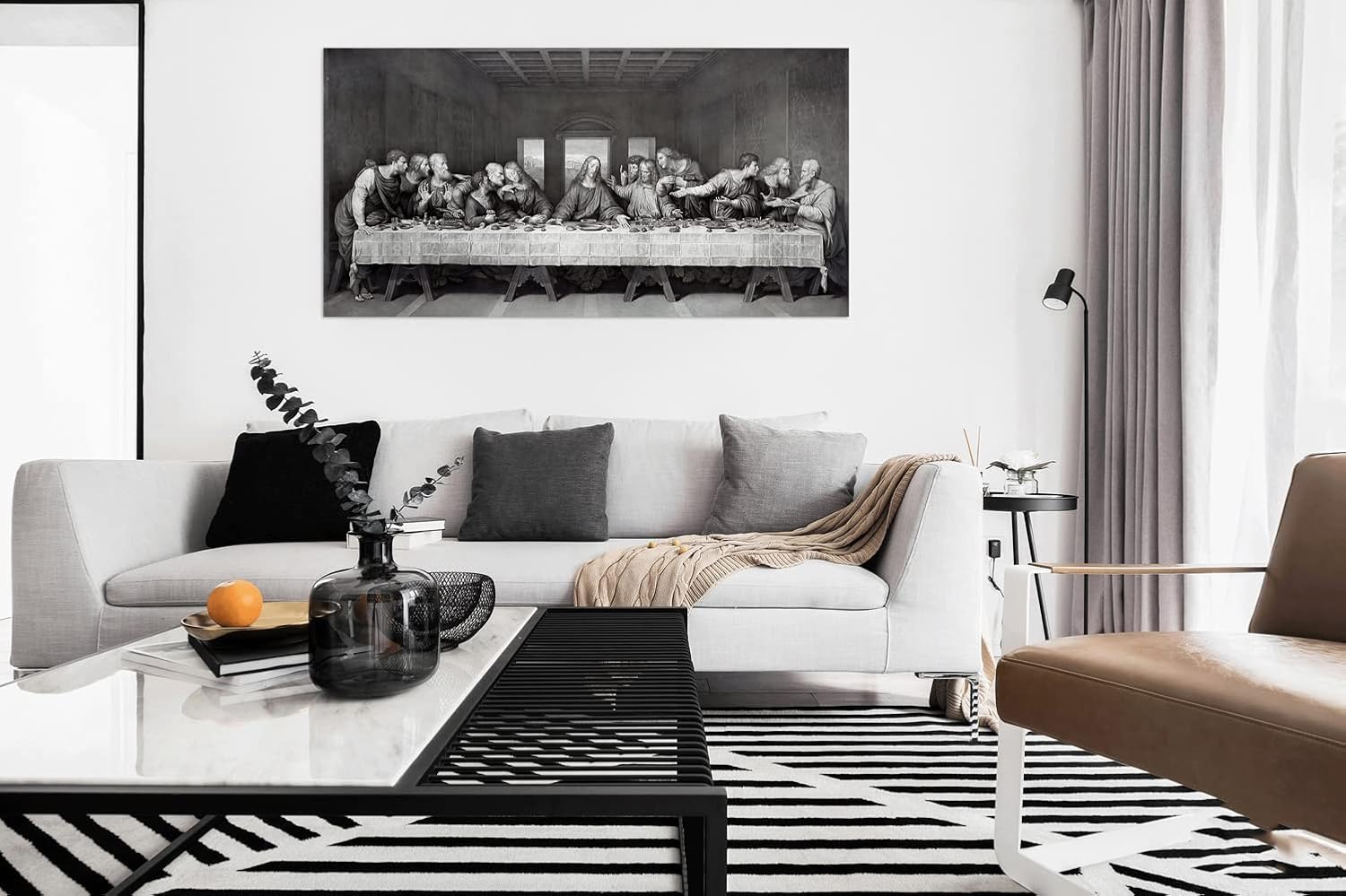 Black White Last Supper Canvas Wall Art -Large Jesus Lord Supper Poster Art Wall Decor Framed for Office Dinner Bedroom Living Room-24x48inch