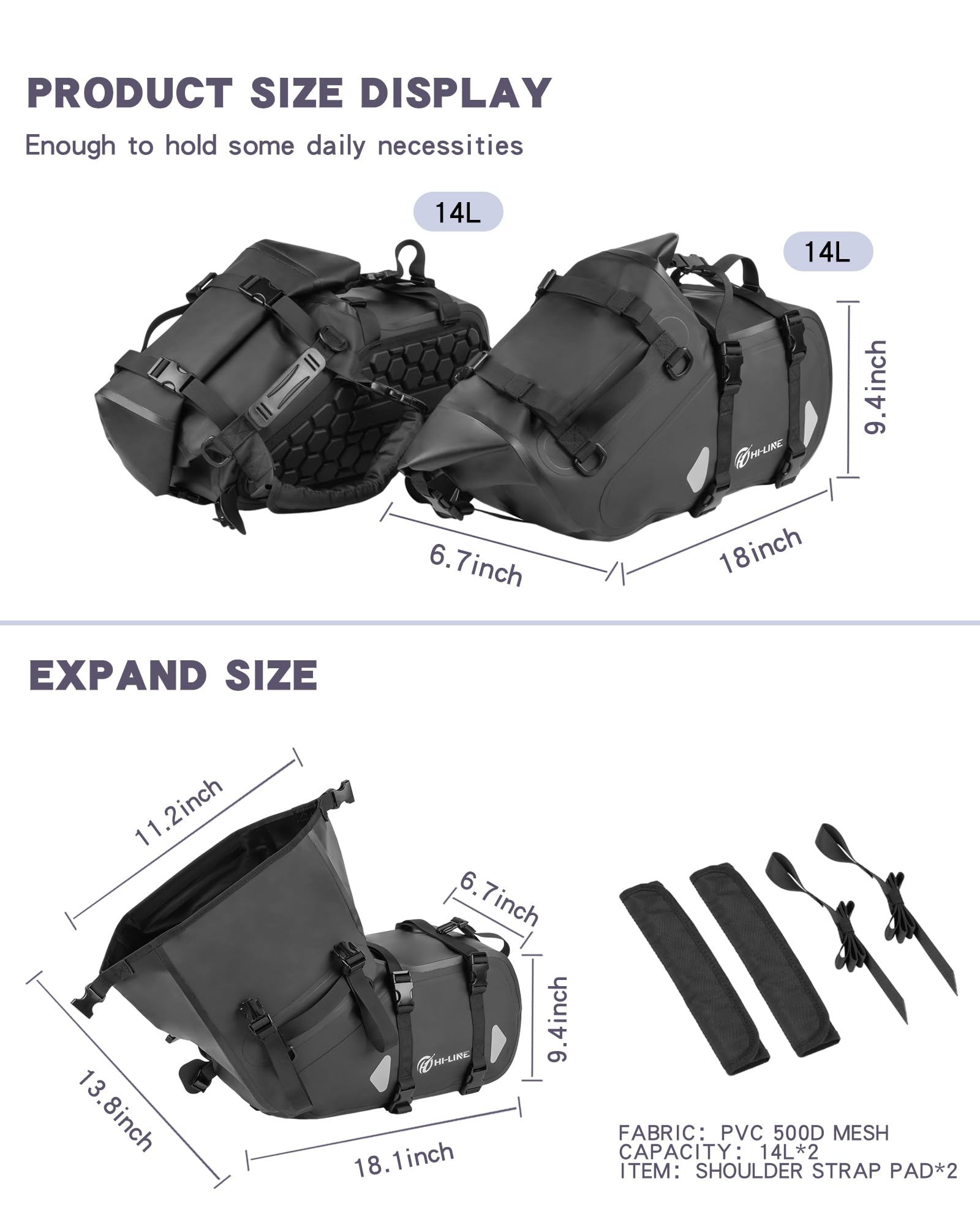 HI-LINE Sacoches de moto 28 L (14 L x 2) imperméables pour porte-bagages latéraux d'aventure