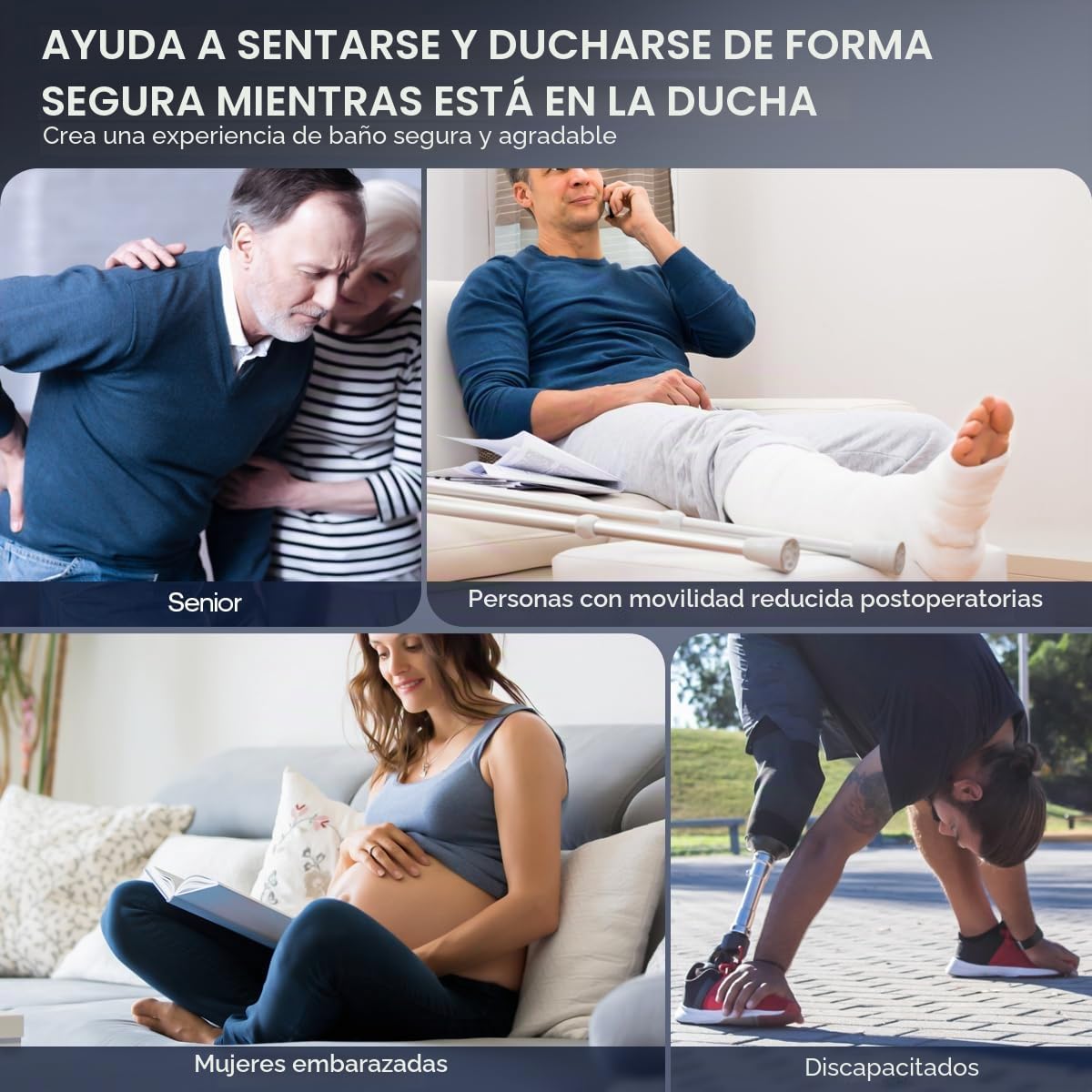 Visone - Taburete de ducha plegable para pared, asiento de ducha de 42 cm de alto con patas antideslizantes, agujero de drenaje, ranura para cabezal de ducha, adecuado para personas mayores y