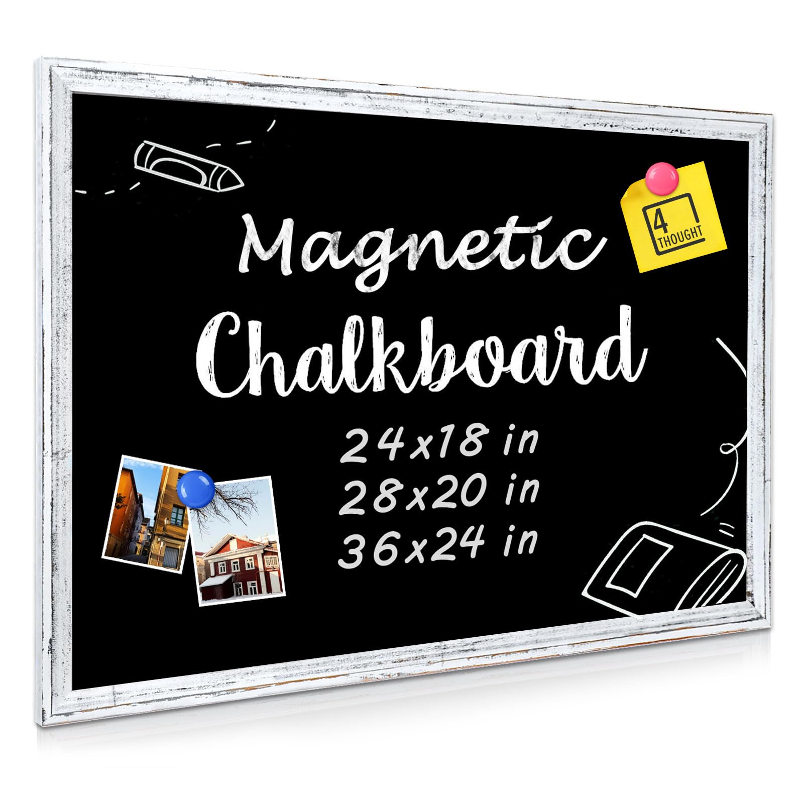 4 THOUGHT Magnetic Chalkboard, 20" x 28" Chalk Board for Wall Vintage White Framed Decorative Blackboard Menu Board for Home, Office, School, Kitchen, Cafe