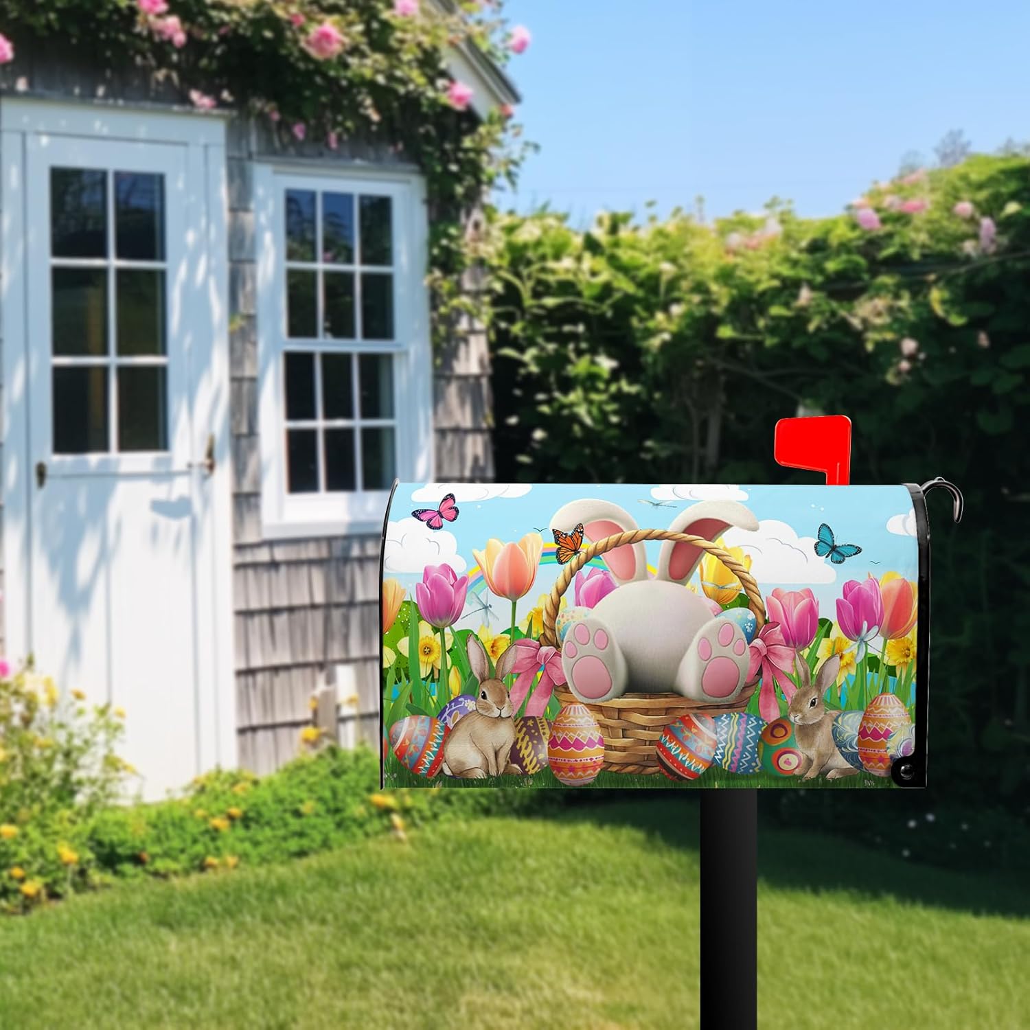 Spring Easter Garden Mailbox Covers Easter Mailbox Covers Magnetic Standard Size Bunny Eggs Flower Post Letter Box Cover for Garden Standard Size 21x18 in Mailbox Wraps for Yard Home