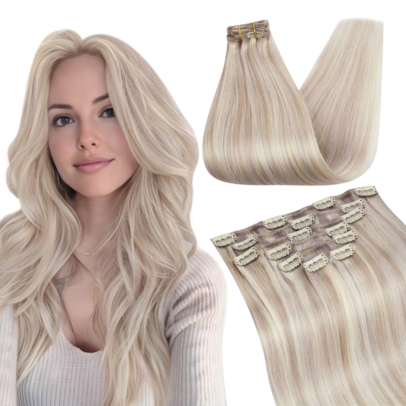 Ugeat Przedłużanie Włosów Clip in, Włosy Ludzkie, Pasemka Popielaty Blond, 50 cm 7 sztuk 120g, Włosy Clip in Extensions Popielaty Blond, Remy Naturalne Proste