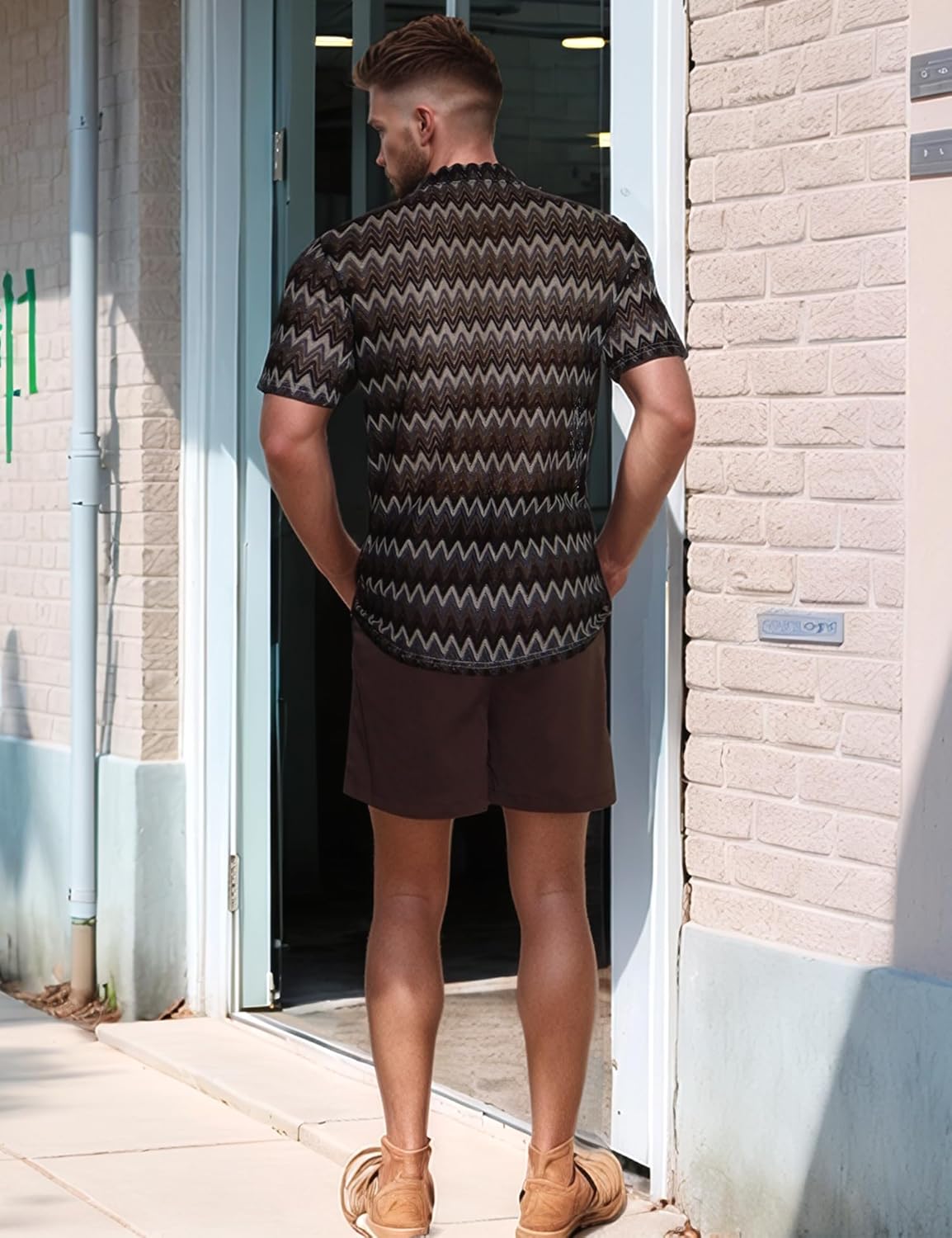 Mens 2 Pieces Outfits Summer Beach Set Tracksuit See Through Sheer Hollow Out Short Sleeve Lace Shirts and Shorts Sets - Image 3