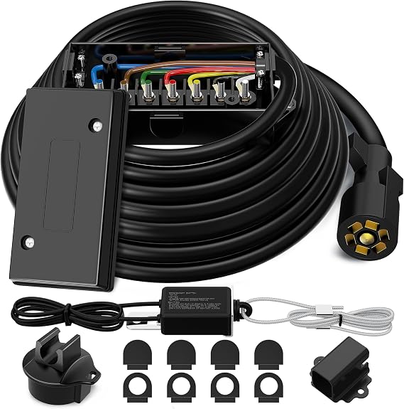 7 Pin Trailer Wiring Harness Kit 12FT, 7 Way Trailer Plug With Waterproof Junction Box & 12V Breakaway Switch,Heavy Duty 7 Way Trailer Wire Cable Connection For RV Camper Caravan