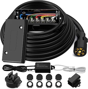 7 Pin Trailer Wiring Harness Kit 12FT, 7 Way Trailer Plug with Waterproof Junction Box & 12V Breakaway Switch,Heavy Duty 7 Way Trailer Wire Cable Connection for RV Camper Caravan
