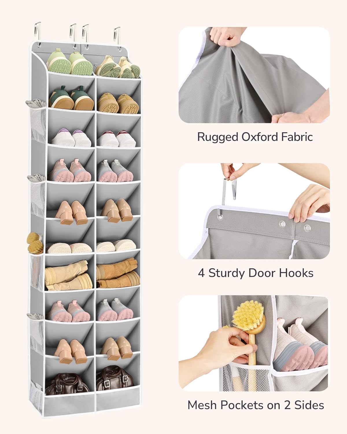 ULG Over The Door Shoe Organizer for Closet Fit 24-32 Pairs with Large Deep Pockets, Narrow Shoe Rack for Door Hanging Boots Storage, Black