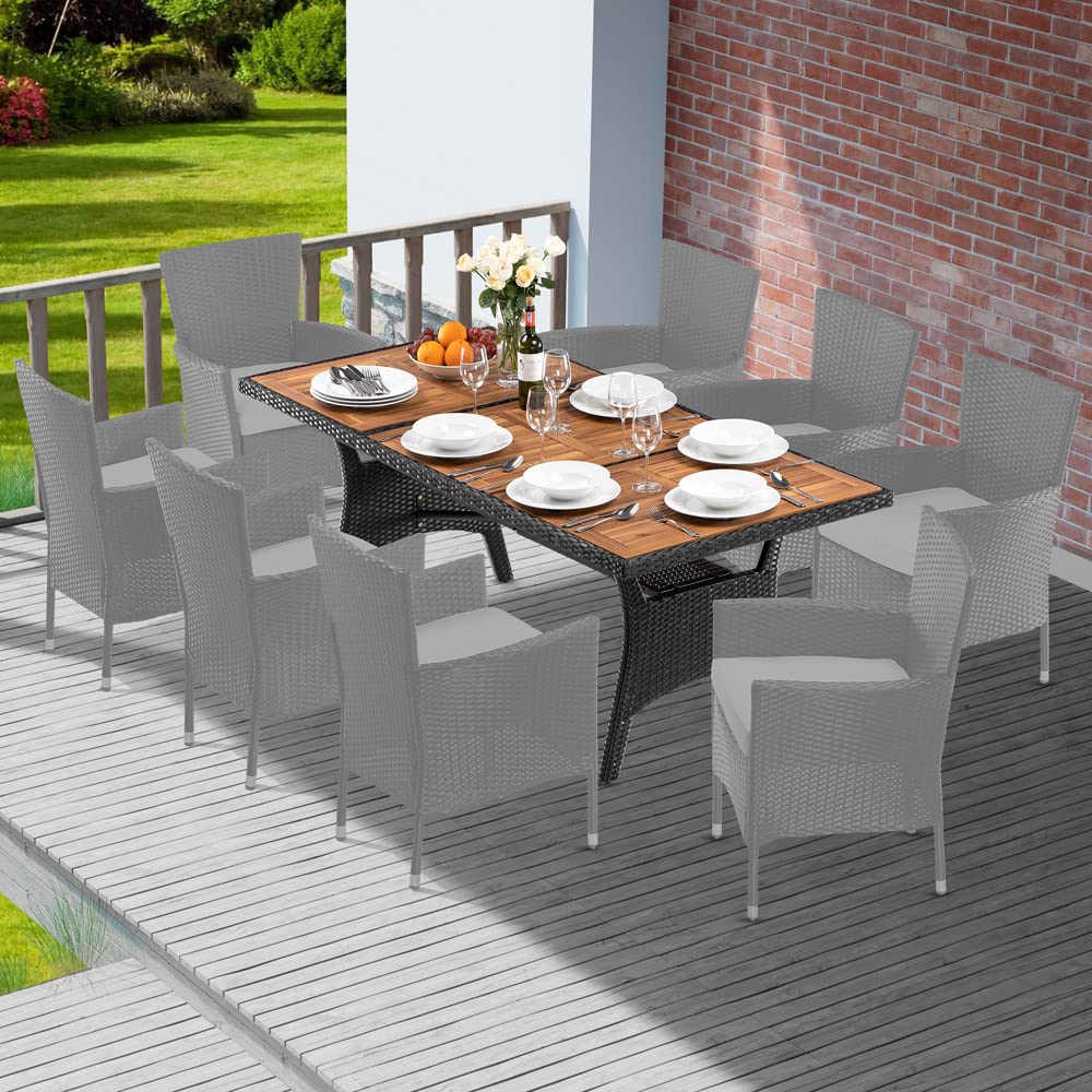 Casaria Tavolo da Giardino in Polyrattan Ripiano in Legno di Acacia 190x90x74cm Regolabile in Altezza per Esterno Pranzo Terrazza