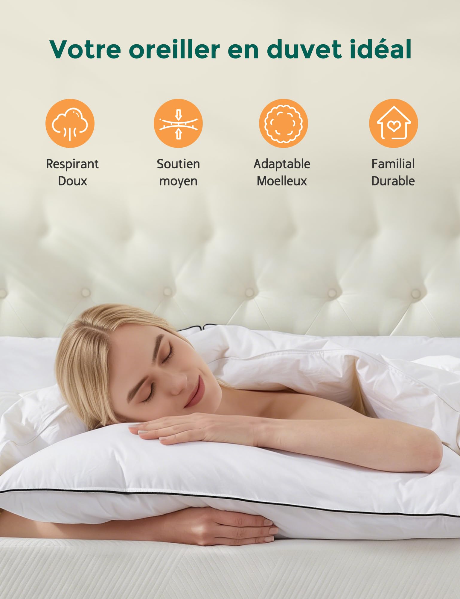 APSMILE Oreiller en Plumes 50x75 avec Remplissage à 3 Compartiments - Oreiller 50x75 100% Coton Bio, Doux & Soutien (Blanc,2 pièces)…