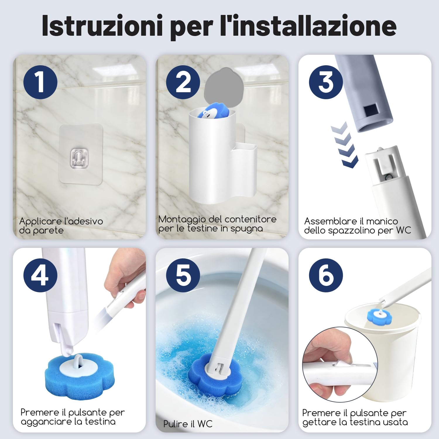 Scopino WC Usa e Getta – Set di Scopino Bagno WC a Parete in 2 Pezzi, Comprensivo con 64 Testine con detergente e 2 Supporti per Riporle, per Pulizia WC, Bagno, Lavabo e Vasca