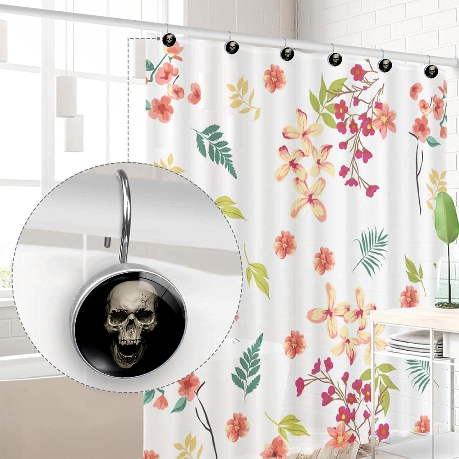 White Skull Shower Curtain Hooks Set of 12 | Gothic Theme Bathroom Decor Rustproof Metal Decorative Shower Hooks Rings for Curtains Rods