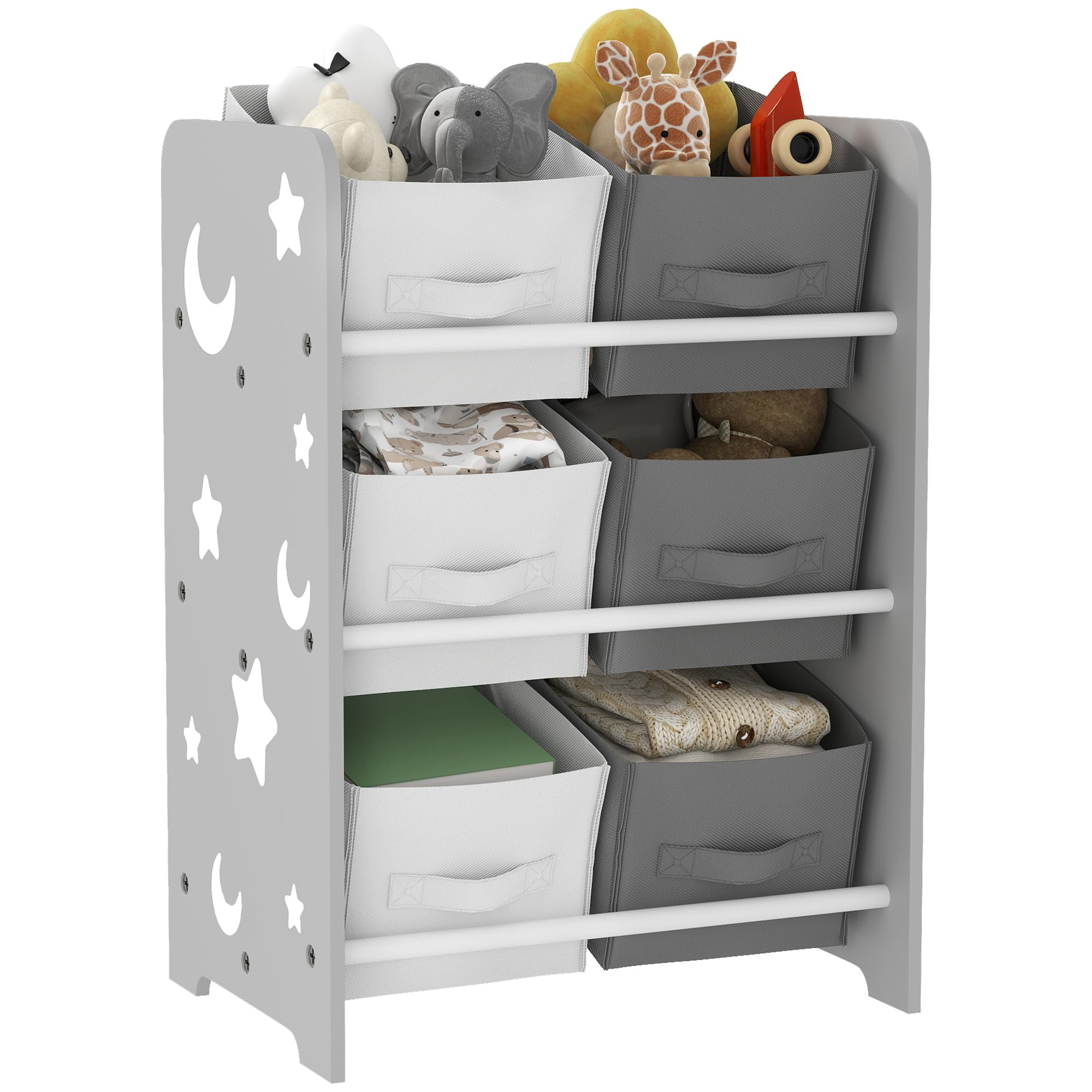 AIYAPLAY Kinder-Bücherregal Mit 6 Boxen & Rädern – 100x30x80 Cm, Weiß, Rollbare Spielzeugaufbewahrung Fürs Kinderzimmer