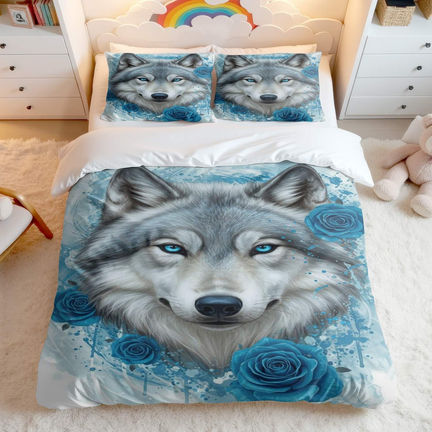 Housse de couette loup blanc lit simple en tissu doux et respirant avec 2 taies 50x75 cm