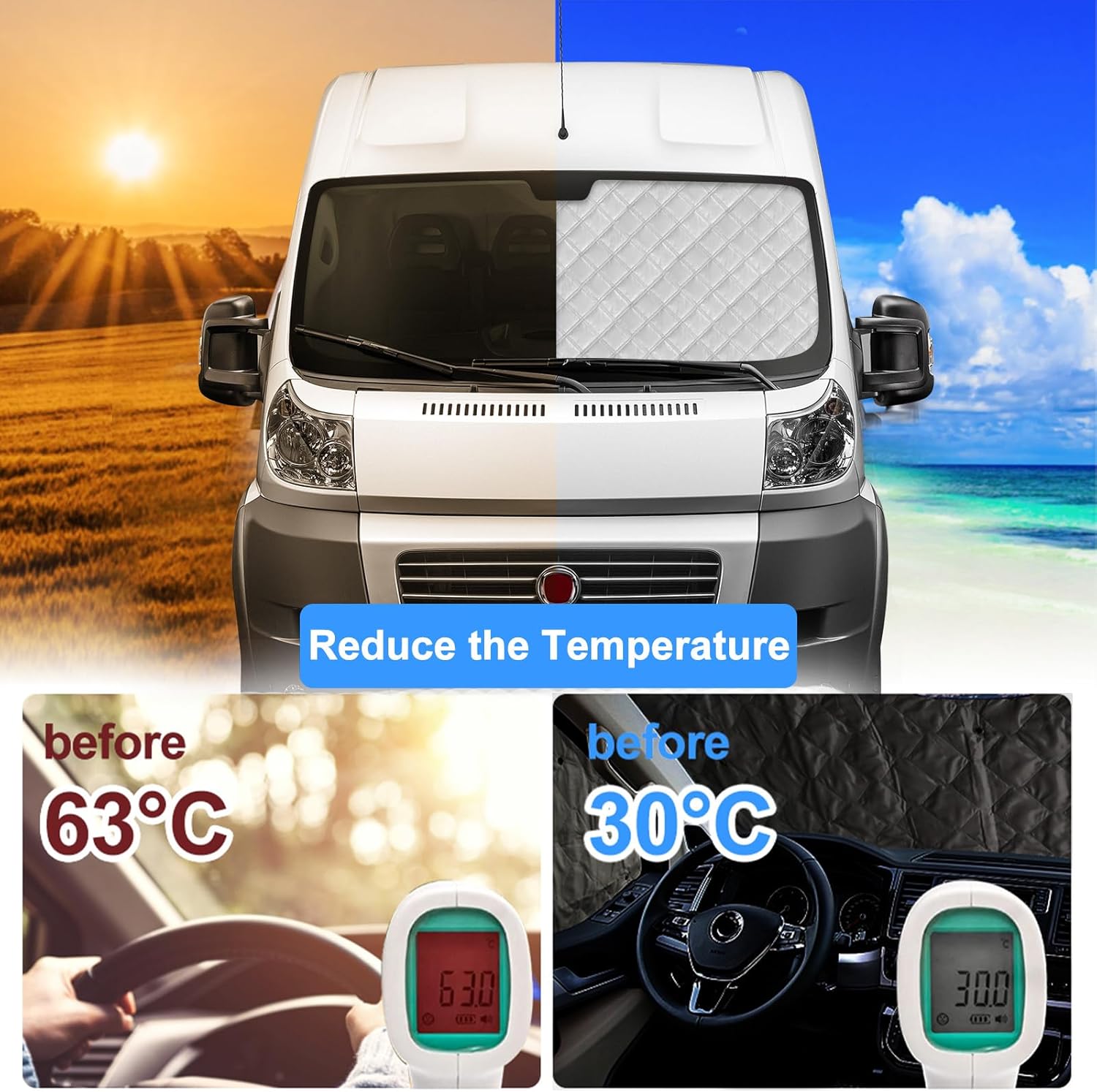 Window Full Sun Shade for Ram ProMaster 2014-2024 | 11-Piece Complete Van Blackout | UV Blocker + Privacy Covers | Thermal Insulated Window Covers (Front/Rear/Side Windows)