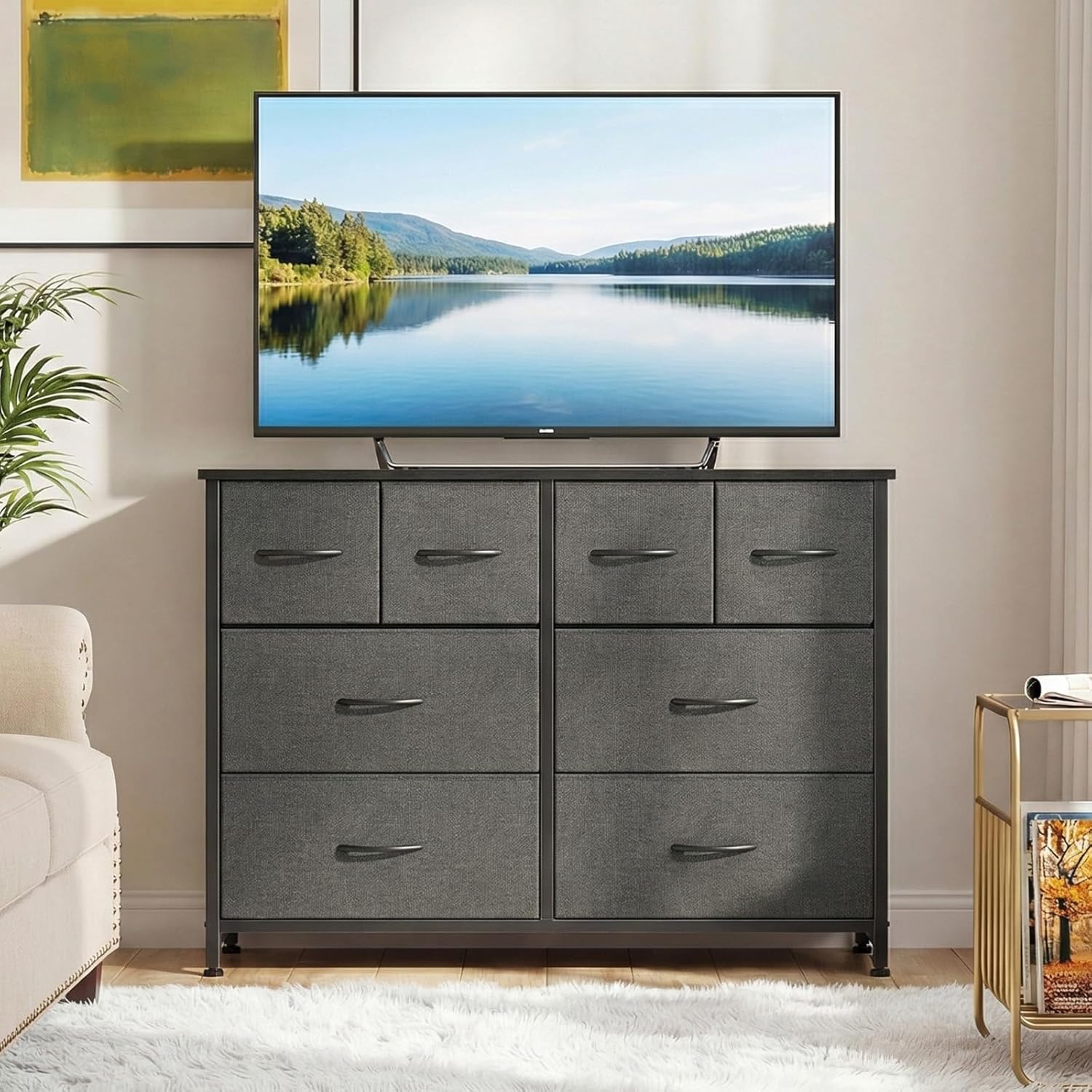 DUMOS TV Stand, Dresser with 8 Fabric Drawers, Spacious Storage Tower for Closet, TV Stand with Wood Top and Mental Frame, Storage Unit for Living Rooms, Bedroom and Entryway, Grey