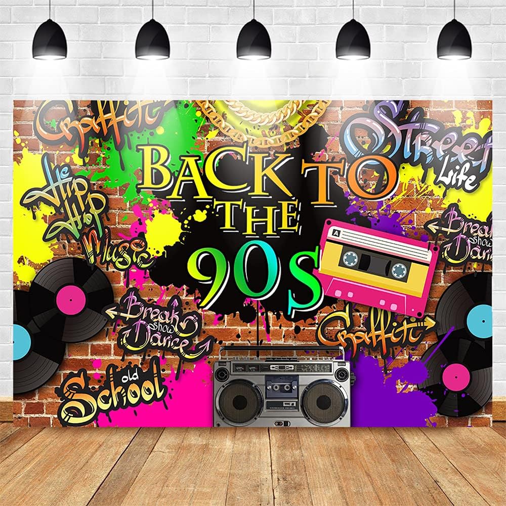 Mocsicka 90’S Backdrop Hip Hop Graffiti Brick Wall Retro Radio Fashion Photography Background Back to The 90’S Themed Party Banner Decoration Backdrops (7x5ft)