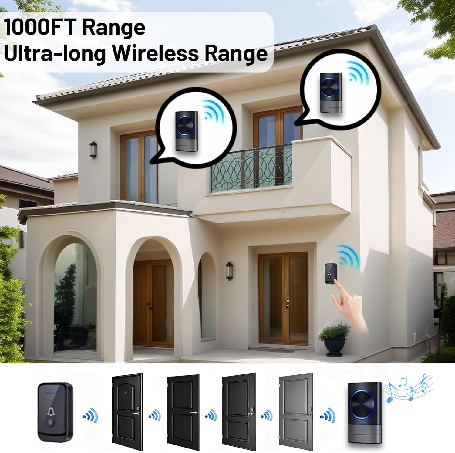 Wireless Doorbell, 1000ft Range, 52 Chimes, Four-speed Adjustable Volume, IP44 Waterproof, Low Power Consumption, LED Flash, Black, For Home, Bedroom, Apartment, Classroom, Bussiness, Elderly