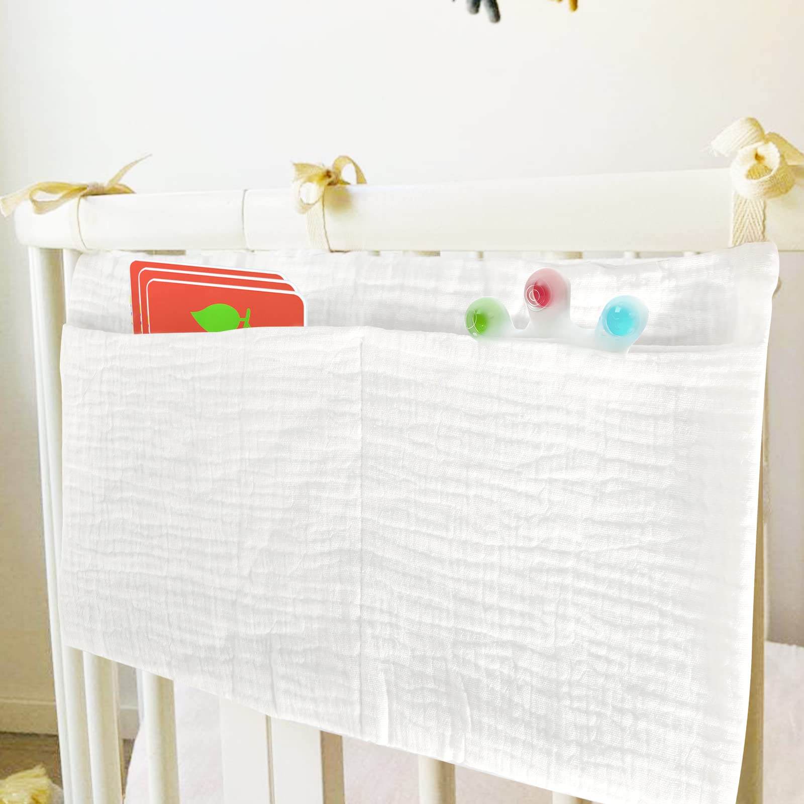 Coton Doux 40x20cm Organiseur Suspendu Bébé 2-en-1 QEDBOJE - Rangement Lit & Couches - Blanc - Pratique Et Léger Sac Lit Couches Jouets