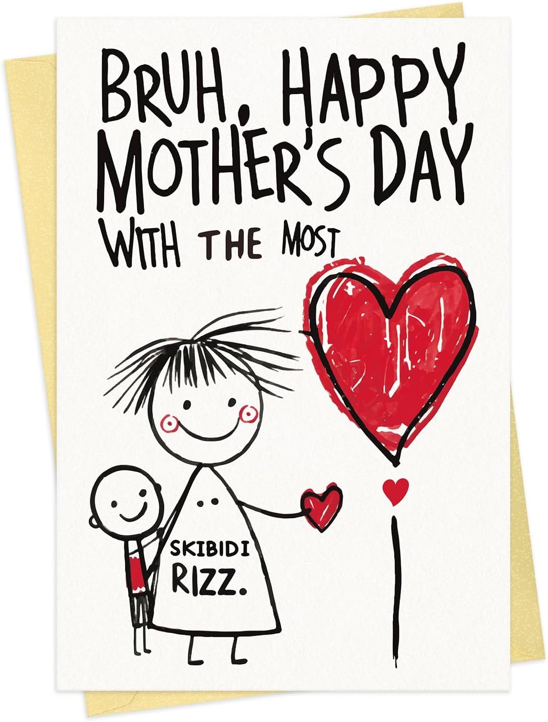 FaCraft Funny Mothers Day Card - Gen Alpha Slang Skibidi Rizz Bruh Meme Happy Mothers Day Card for Cool Mom, from Kid Daughter or Son, Hand-Drawn Doodle Style with Envelope & Seal Sticker, 5.5x8