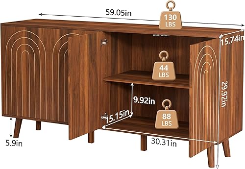Miniatura 2 de Gabinete de Aparador de 59" con Almacenamiento, Gabinete de Almacenamiento Moderno de Acento con 4 Puertas y Líneas de Tallado, Mesa de Bar de Café