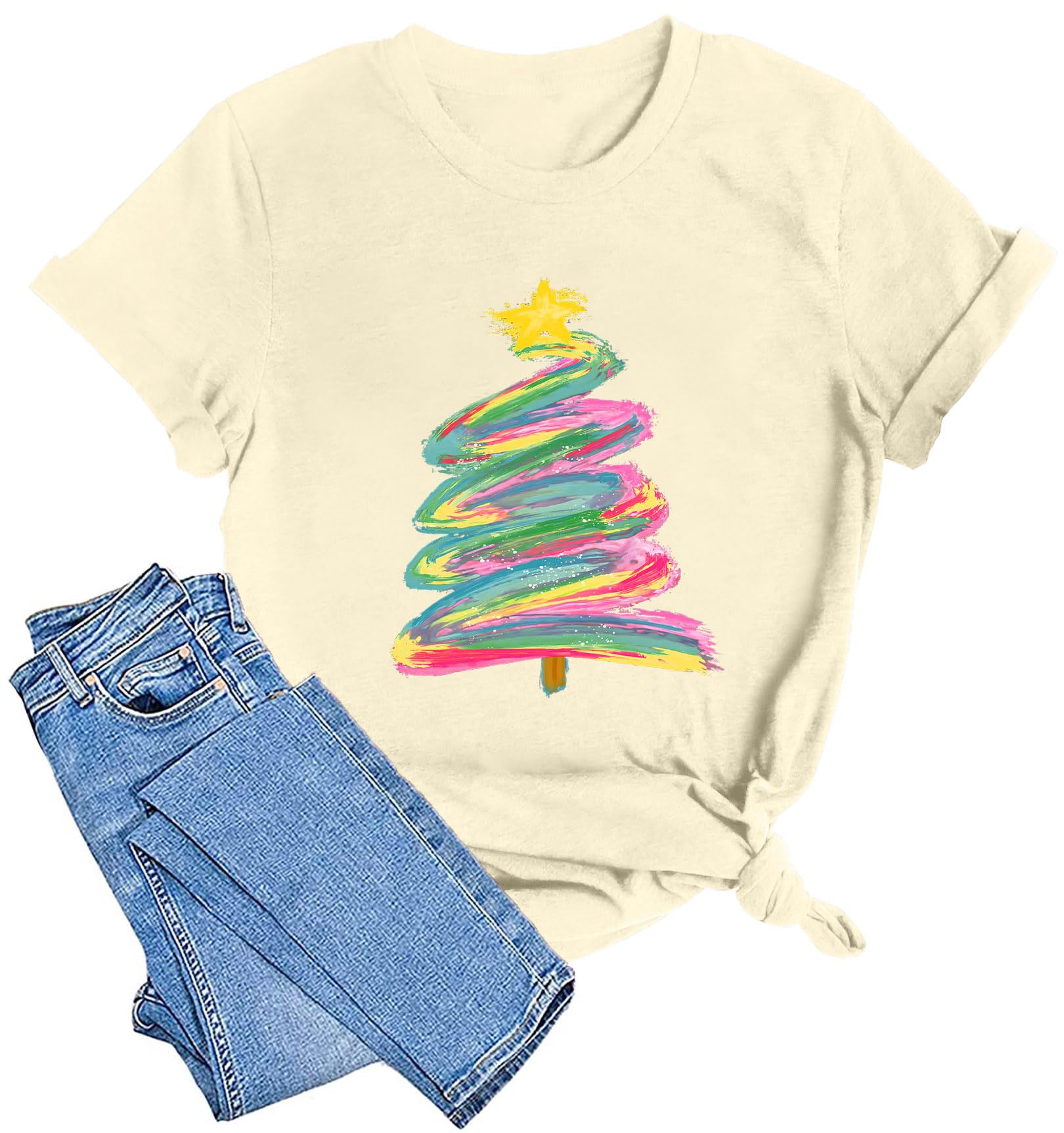 (Size S) LAZYCHILD Christmas Shirts Women Christmas Tree T Shirt: Merry Christmas Vacation Tees Xmas Tops