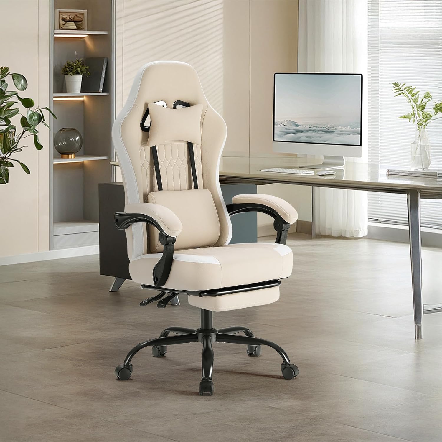 Sweetcrispy Computer Gaming Chair - High Back Ergonomic Desk Chair with Footrest and Lumbar Support, Height Adjustable Task Chair with Linkage Armrests and Headrest, 360°Wheels, Fabric, Khaki