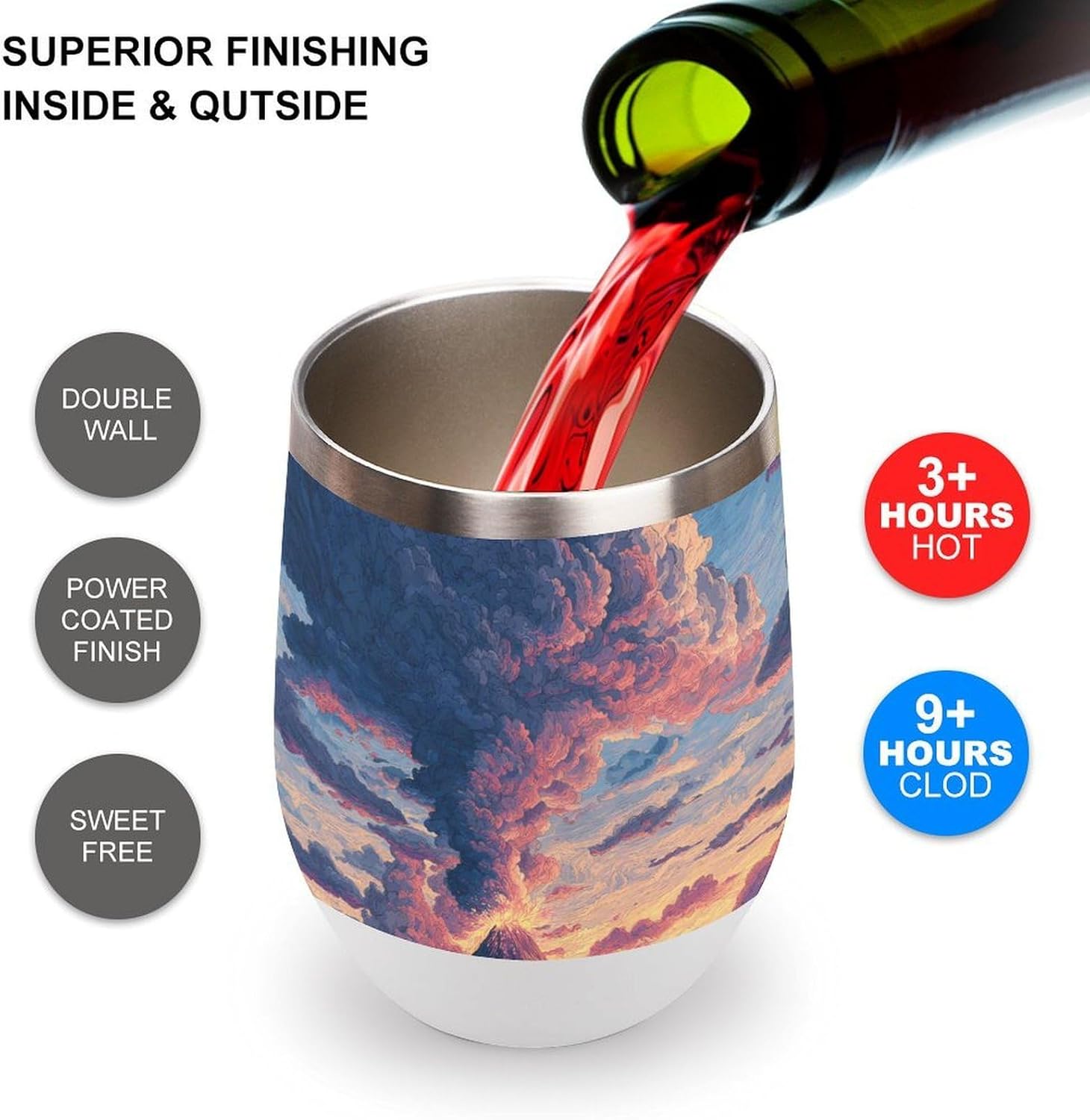 Erupting Volcano Insulated Drinking Cup Stainless Steel Coffee Mug Wine Tumbler with Lid 12OZ