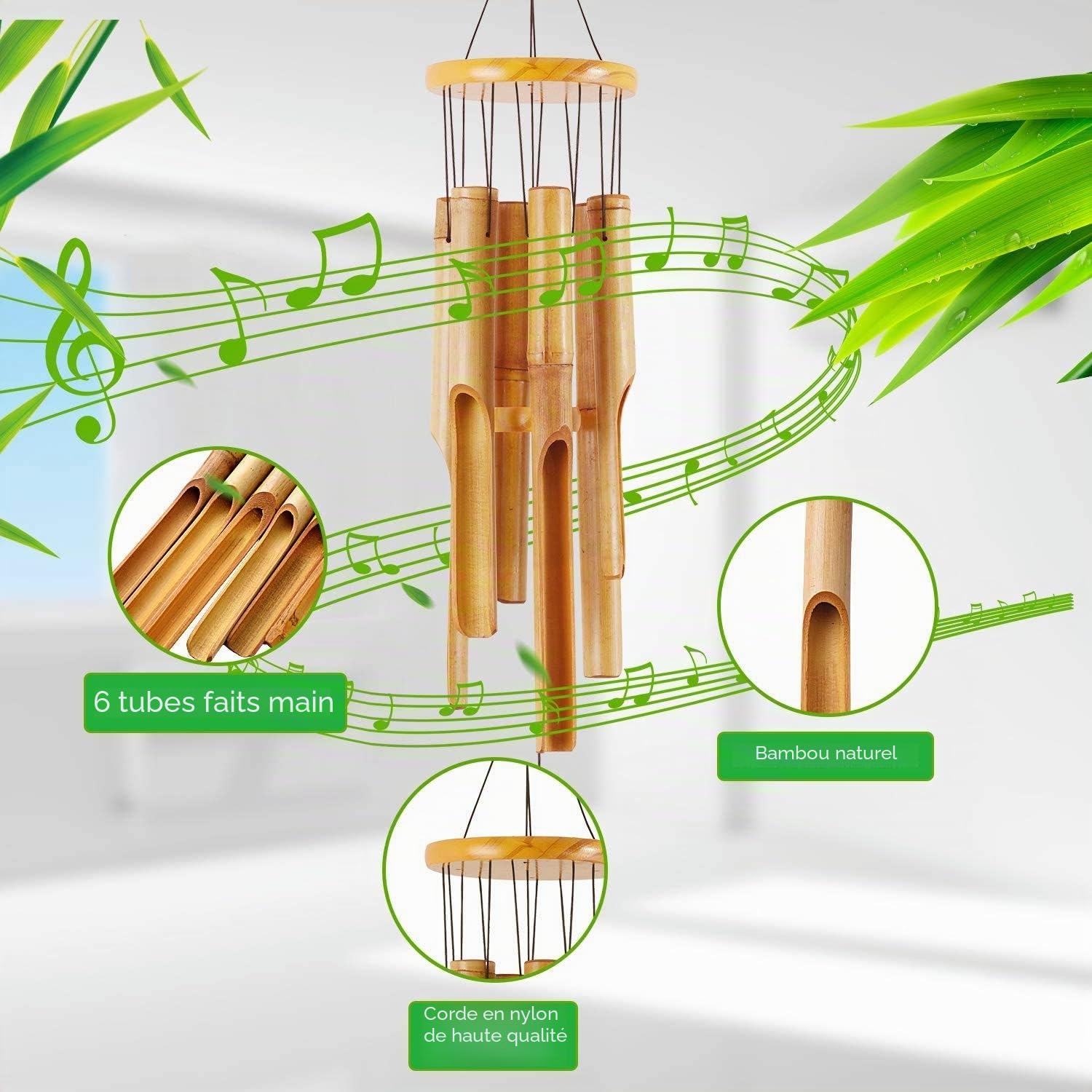 Carillon à vent commémoratif en bambou – Grand carillon à vent en bois pour intérieur et extérieur – Carillon éolien de 81,3 cm pour jardin, cour, terrasse et décoration d'intérieur