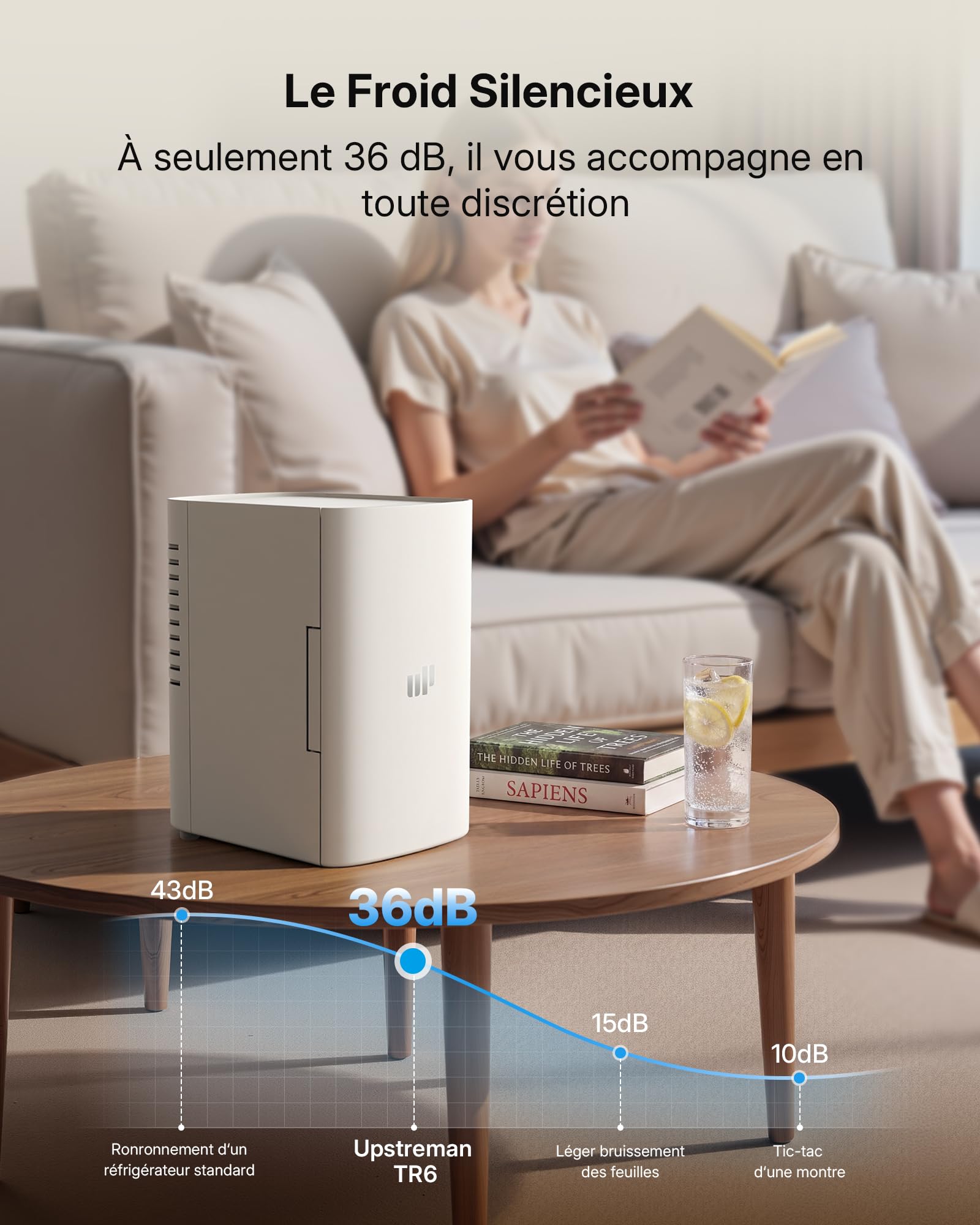 Upstreman Mini Frigo de Chambre 6L, Petit Fridge Avec fiche CA 220V / CC 12V, pour Bureau Dortoir Voiture Camping, Refroidissement et Chauffage, pour Cosmétique Red Bull Boissons Beauté, TR6 Blanc