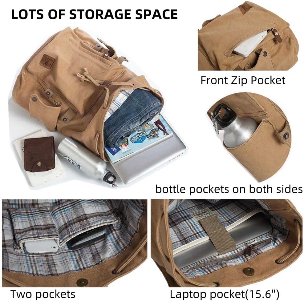 Canvas Vintage Backpack Casual Outdoor Daypack Rucksack for Men Women 15.6inch Laptop Hiking Travel Backpacks (ARMY GREEN) - Image 5