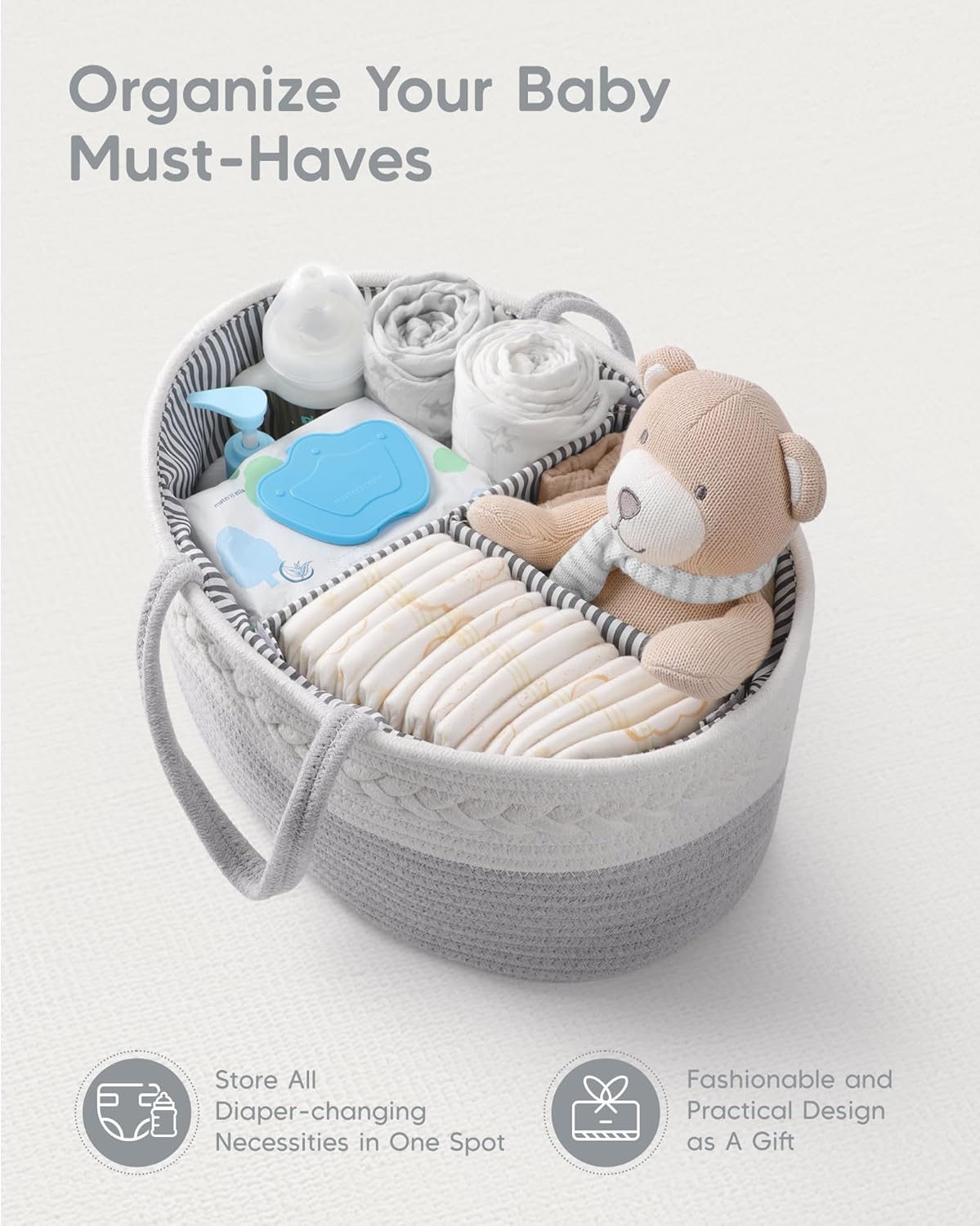 Maliton Cotton Rope Diaper Caddy Organizer - Nursery Storage Caddy, Baby Boy Changing Table Must Have, Perfect