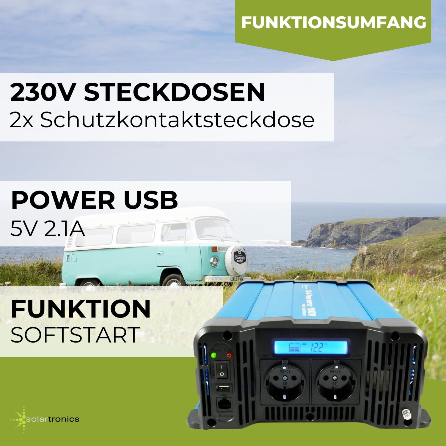 solartronics FS1500D - Transformador de tensión (12 V, 1500/3000 W), Color Azul