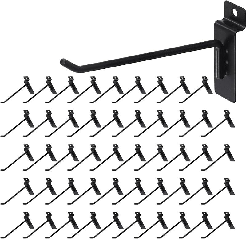 HJW Slatwall Hooks 50 PCS 6 Inch Black Slatwall Accessories Garage Shop Retail Display Slat Wall Hanging Hooks Heavy Duty Pegboard Gridwall Display