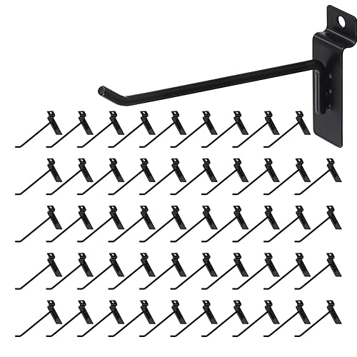Slatwall Hooks 50 PCS 6 Inch Black Slatwall Accessories Garage Shop Retail Display Slat Wall Hanging Hooks Heavy Duty Pegboard Gridwall Display