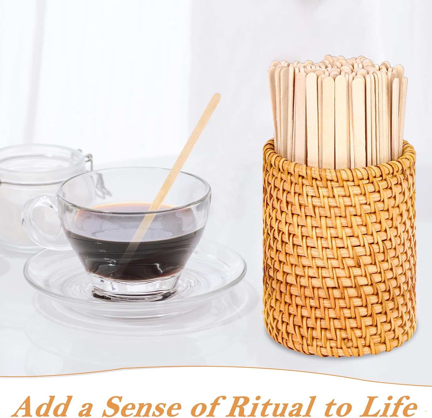 100 Pcs Wood Rattan Coffee Stirrers Holder Set Coffee Stir Sticks Wood Cocktail Stirrers Disposable Beverage Stirrer Sticks 5 Inch Stirring Sticks For Coffee Bar Home Counter Hot or Cold Drinks Tea - Image 7
