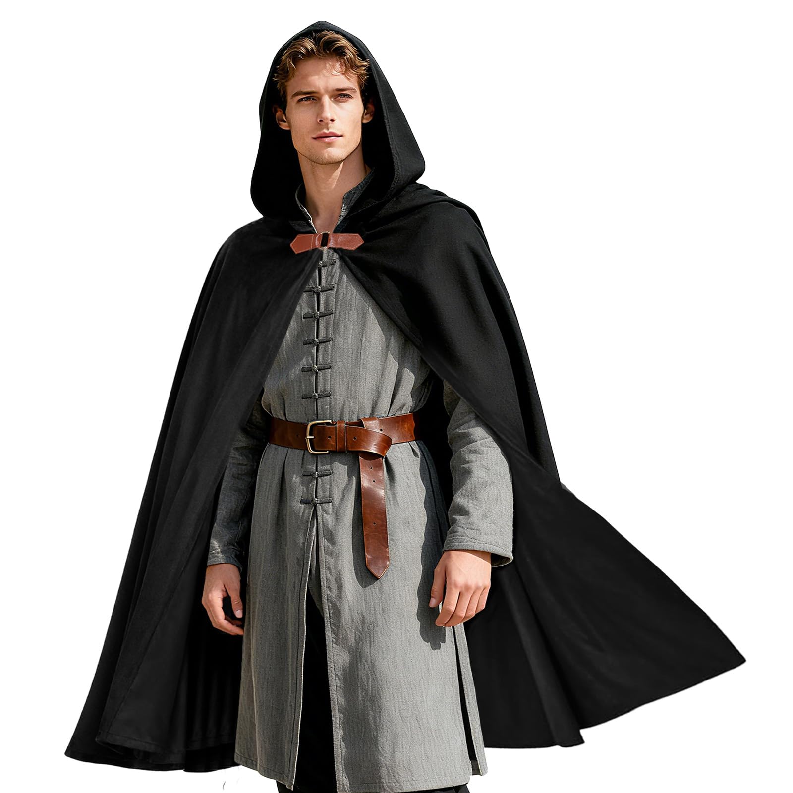 nezababy Medieval Cloak With Hood Renaissance Velvet Cape Ren Faire Fantasy Elf Cape Victorian Ren Faire Viking Costume (Black, 100 cm)