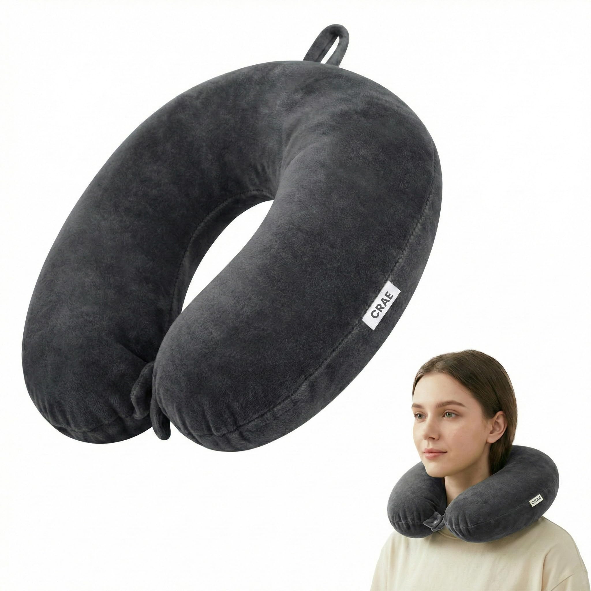 CRAE Travel Neck Pillow for Men & Women | Soft Fibre Cushion for Flight, Car & Train | Soft Velvet Fabric with Attachable Snap Strap | Cervical Support for Neck Pain Relief.Pack of 1(Grey)-picture-20