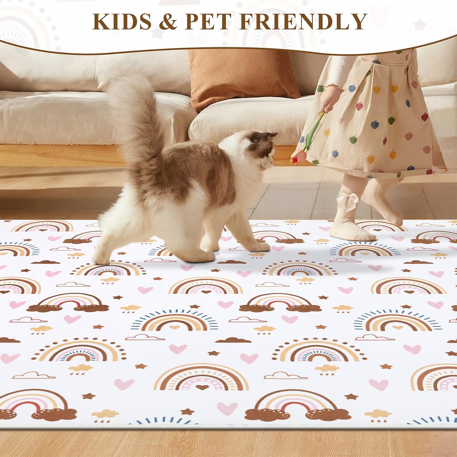 5x7 Area Rug for Kids Room, Fluffy Soft Decorative Floor Mat, Rainbow Washable Low Pile Area Rugs for Living Room,Girls Room, Nursery, Daycare (5'x7', Beige Rainbow)