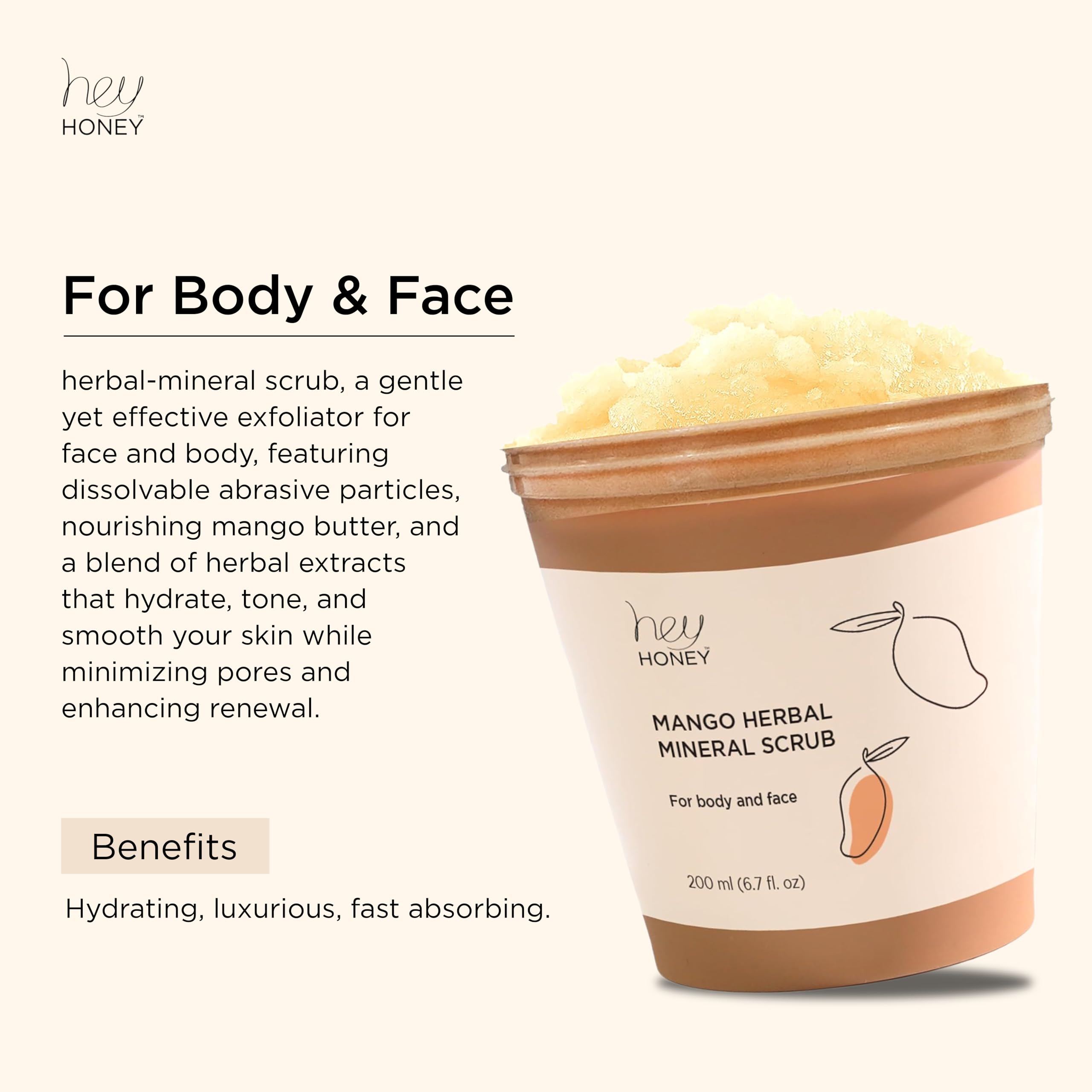 Hey Honey Skincare Mango Herbal Mineral Scrub Dead Sea Salt Exfoliator for Body & Face | Gently Buffs, Smooths & Hydrates Skin | Cruelty-Free, Paraben-Free, Vegetarian | 6.7 oz
