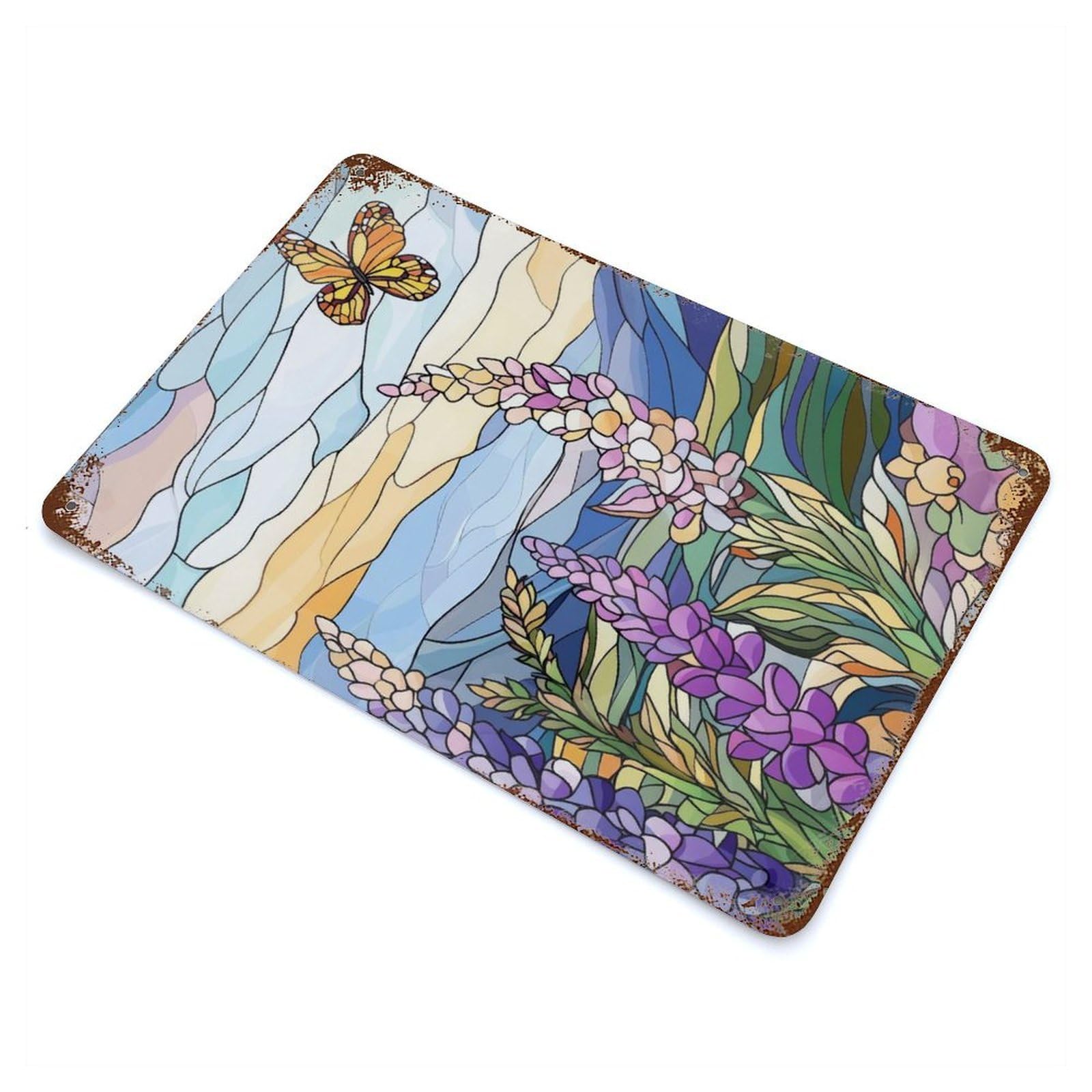 Distressed Metal Wall Sign with Stained Glass Butterfly & Flowers Design 11.8"x7.9", for Office, Studio And Wall Decor, Industrial Home Decor