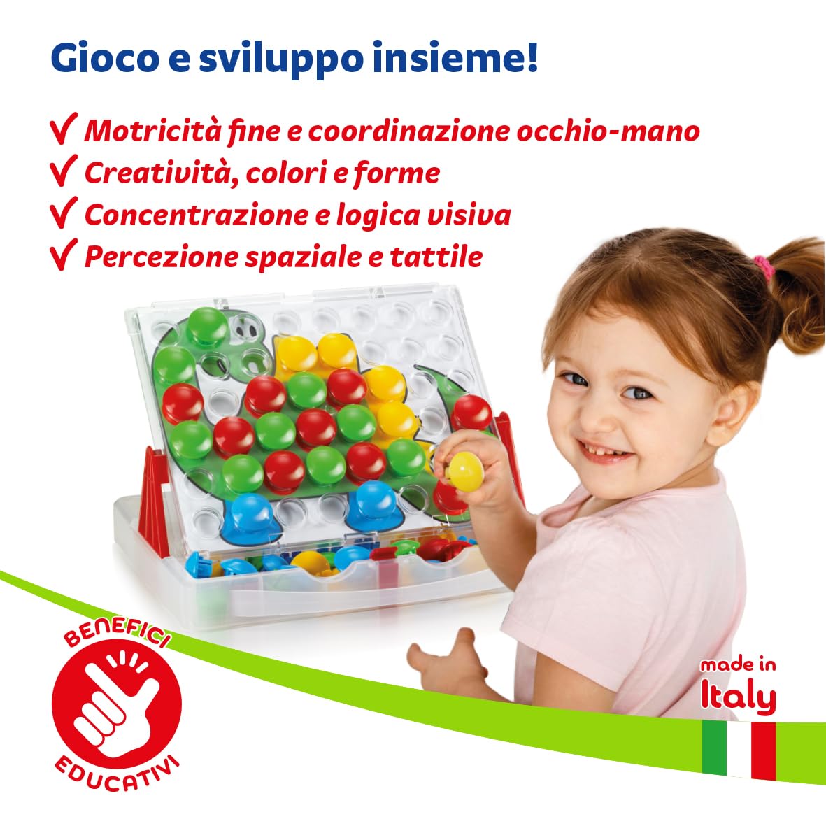 Quercetti Fantacolor Junior,Gioco Educativo Mosaico Bambini 3D con Bottoni Colorati per Bambini Giochi Bambini 2 Anni con Valigetta Portatile 48 Bottoni e 16 Schede Regalo Bimba 2 Anni Made in Italy