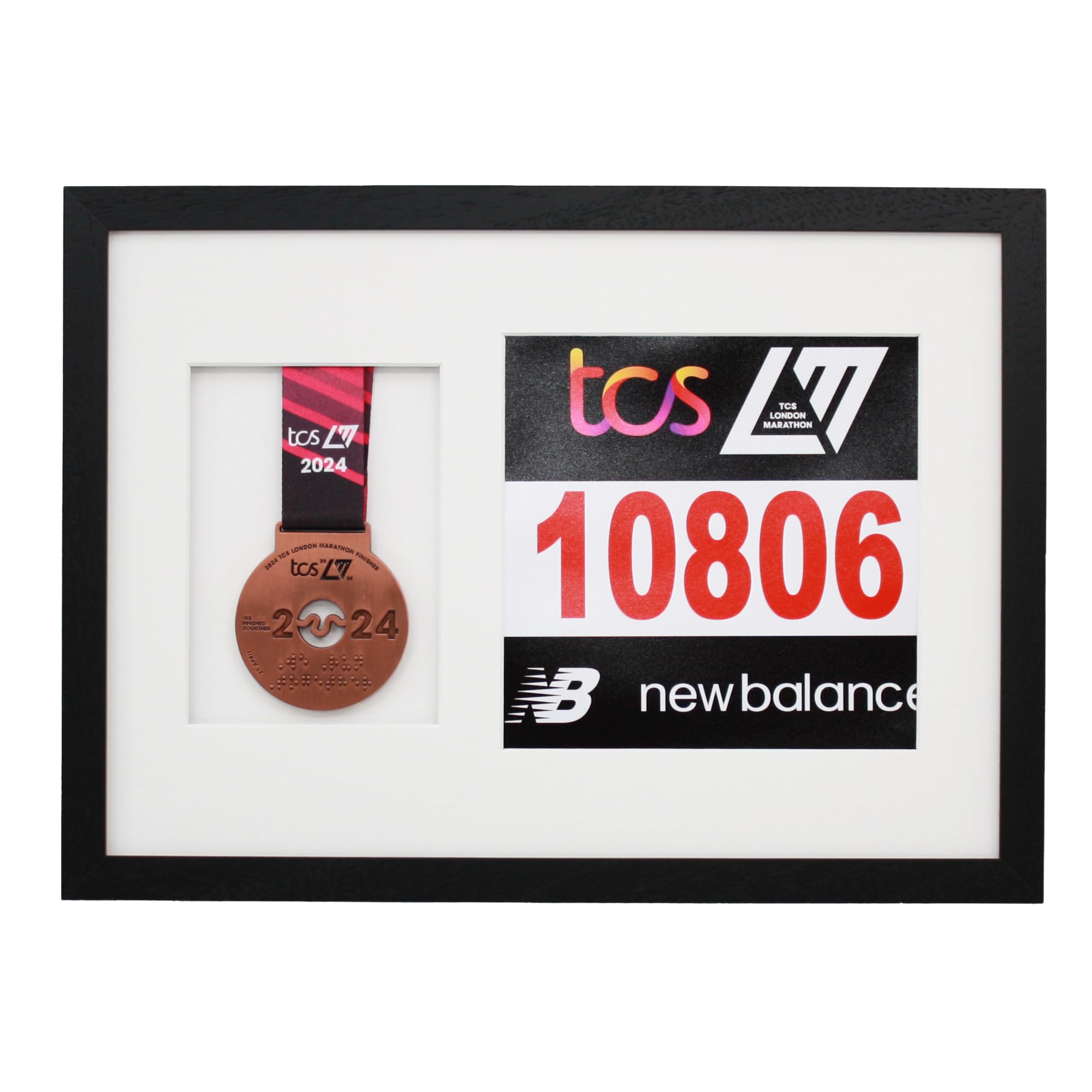 Marathon Medal Display Frame. Designed to showcase a running medal and a 20x20cm sized race number (Black Frame - White Mount)