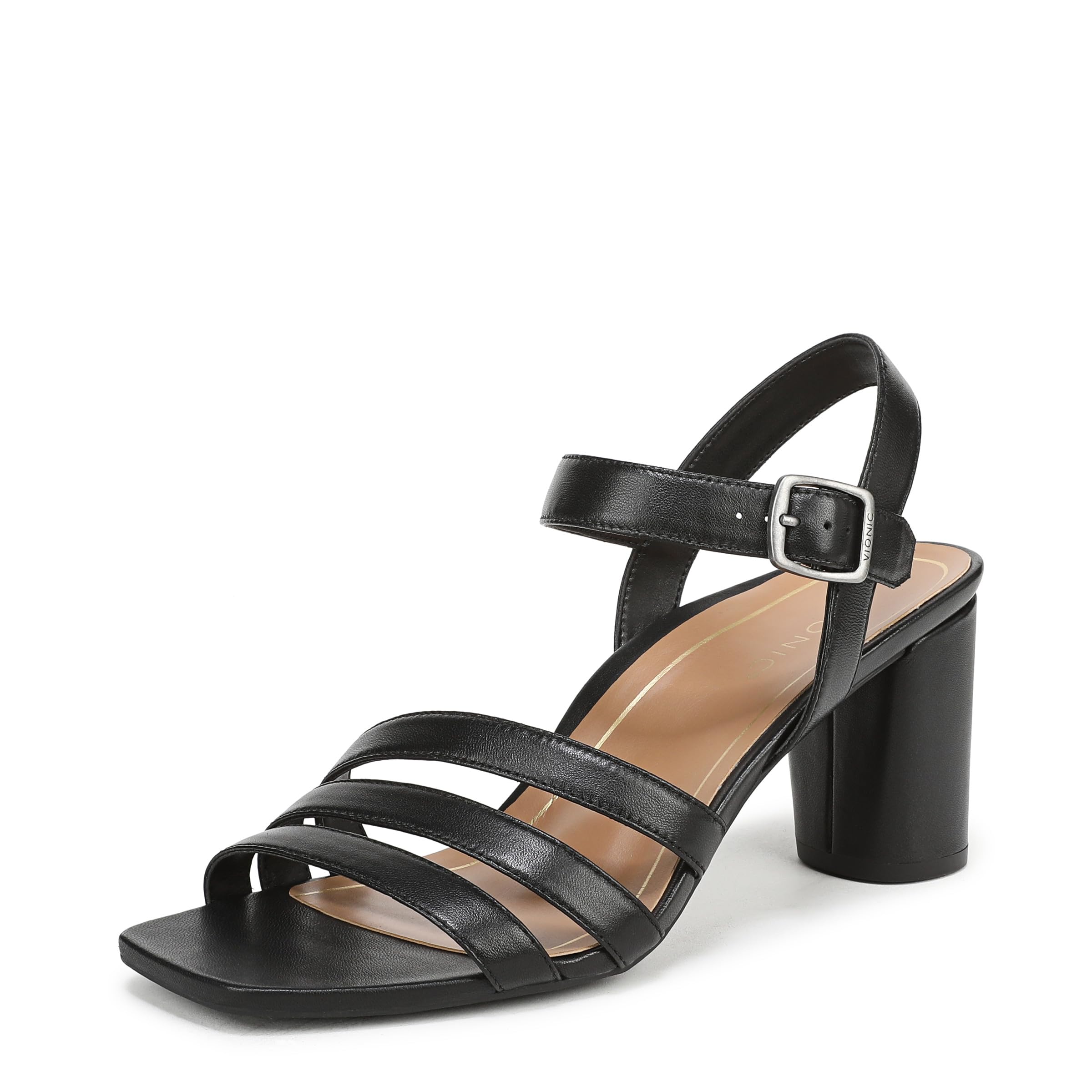 Vionic Womens Nora Block Heeled Sandals, Wide Fit, Black Leather, UK 5
