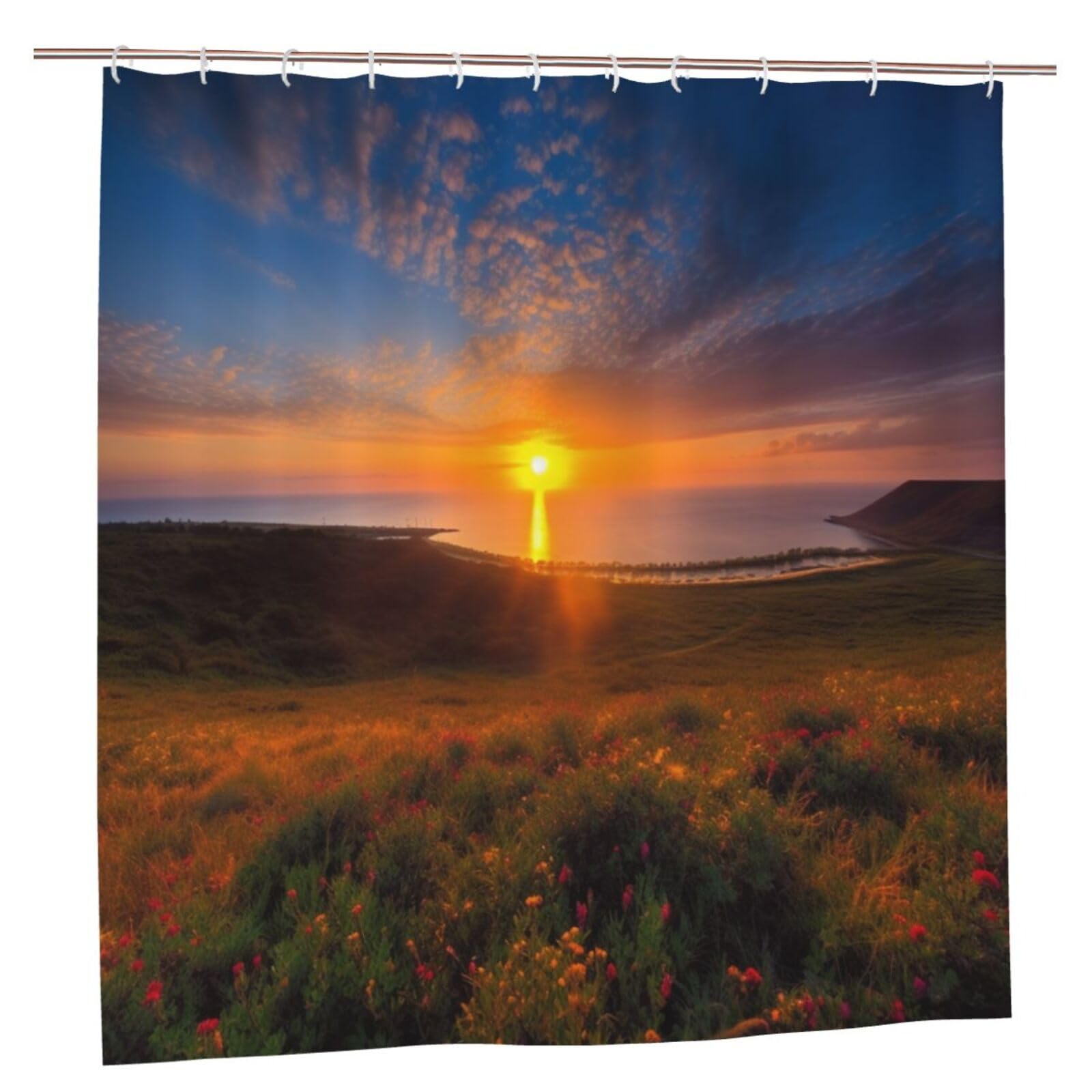 BWWHCCTI Beautiful Sunrise Printed Shower Curtain With 12 Plastic Hooks Opaque Quick Drying Waterproof Shower Curtains Sets For Bathroom 183x183 CM
